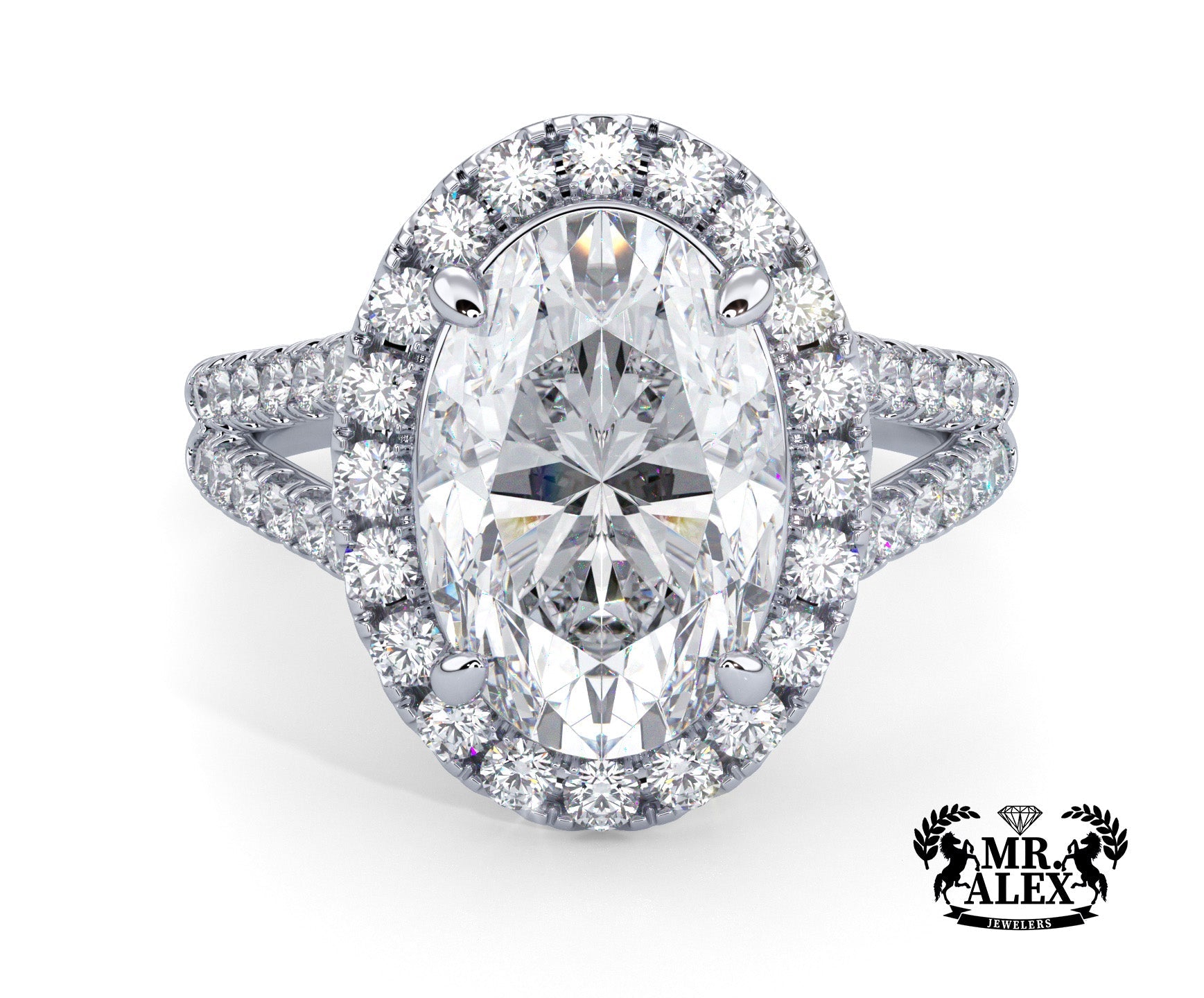 2 Carat Oval Cut French Cut Halo Split Shank Engagement Ring - Mr. Alex Jewelry