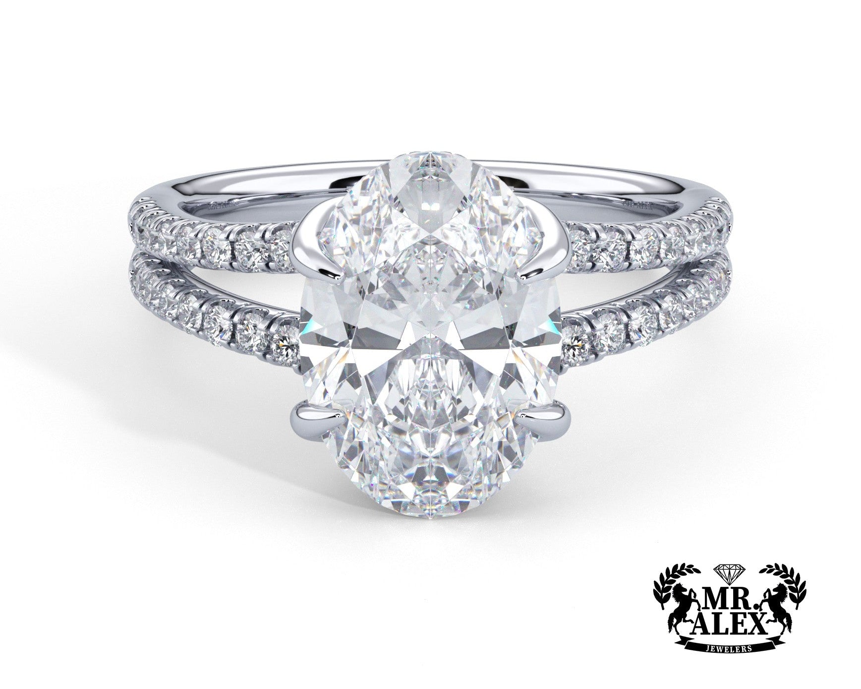 2 Carat Oval Cut Split Shank Pave Diamond Engagement Ring - Mr. Alex Jewelry