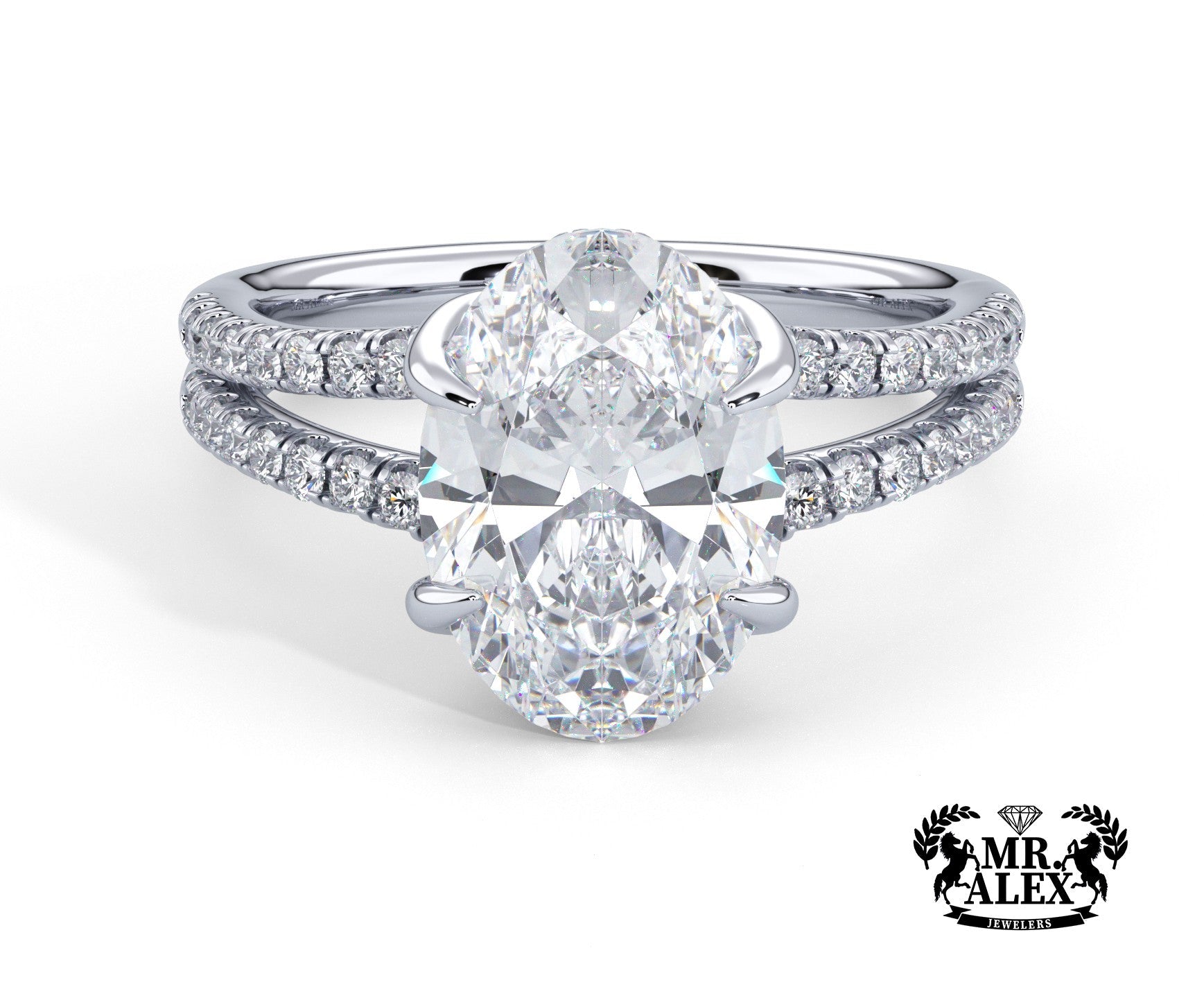 2 Carat Oval Cut Split Shank Pave Diamond Engagement Ring - Mr. Alex Jewelry