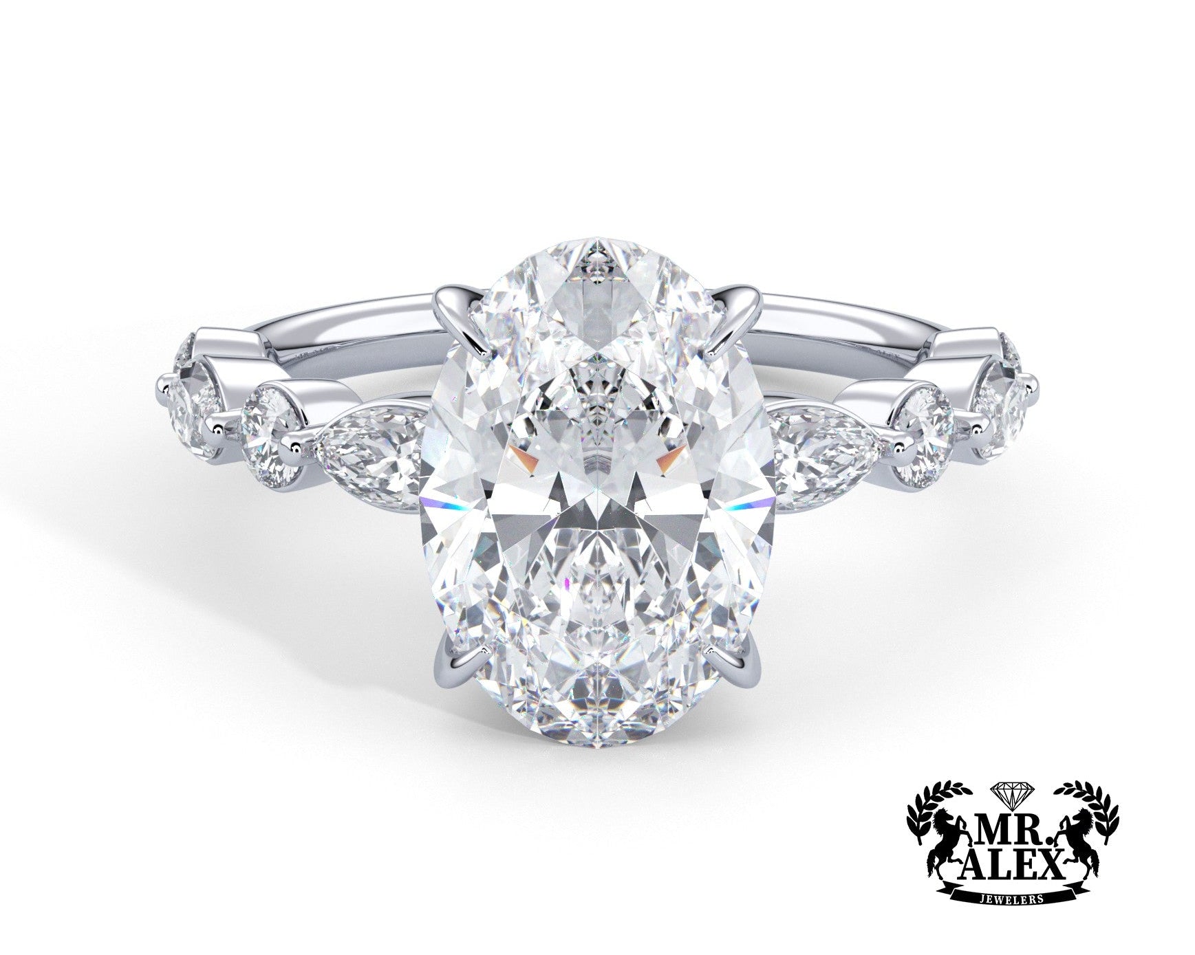 2 Carat Oval Cut Straight Shank Alternating Round & Marquise Diamond - Mr. Alex Jewelry