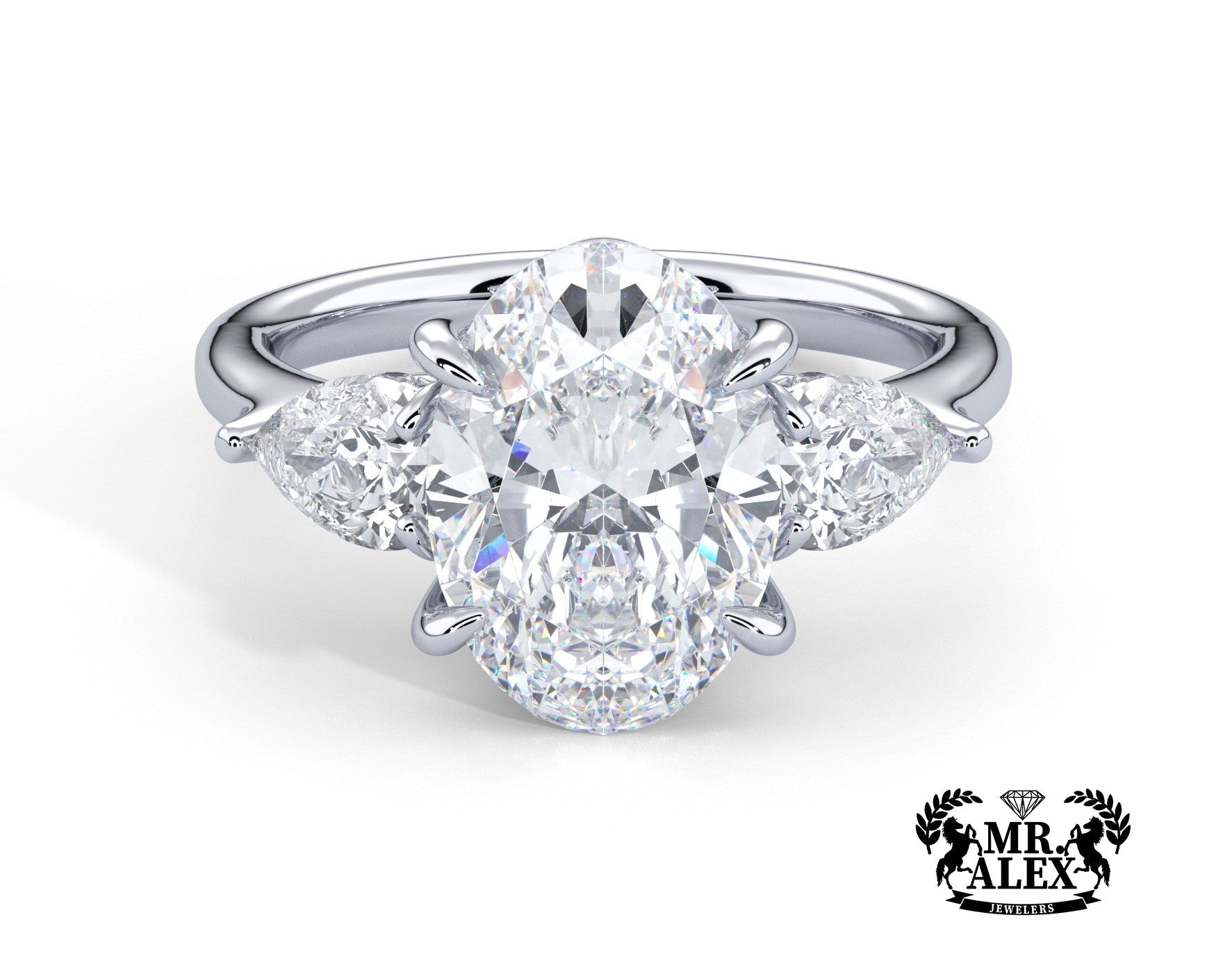 2 Carat Oval Cut Three Stone Engagement Ring with Pear Side Diamonds - Mr. Alex Jewelry