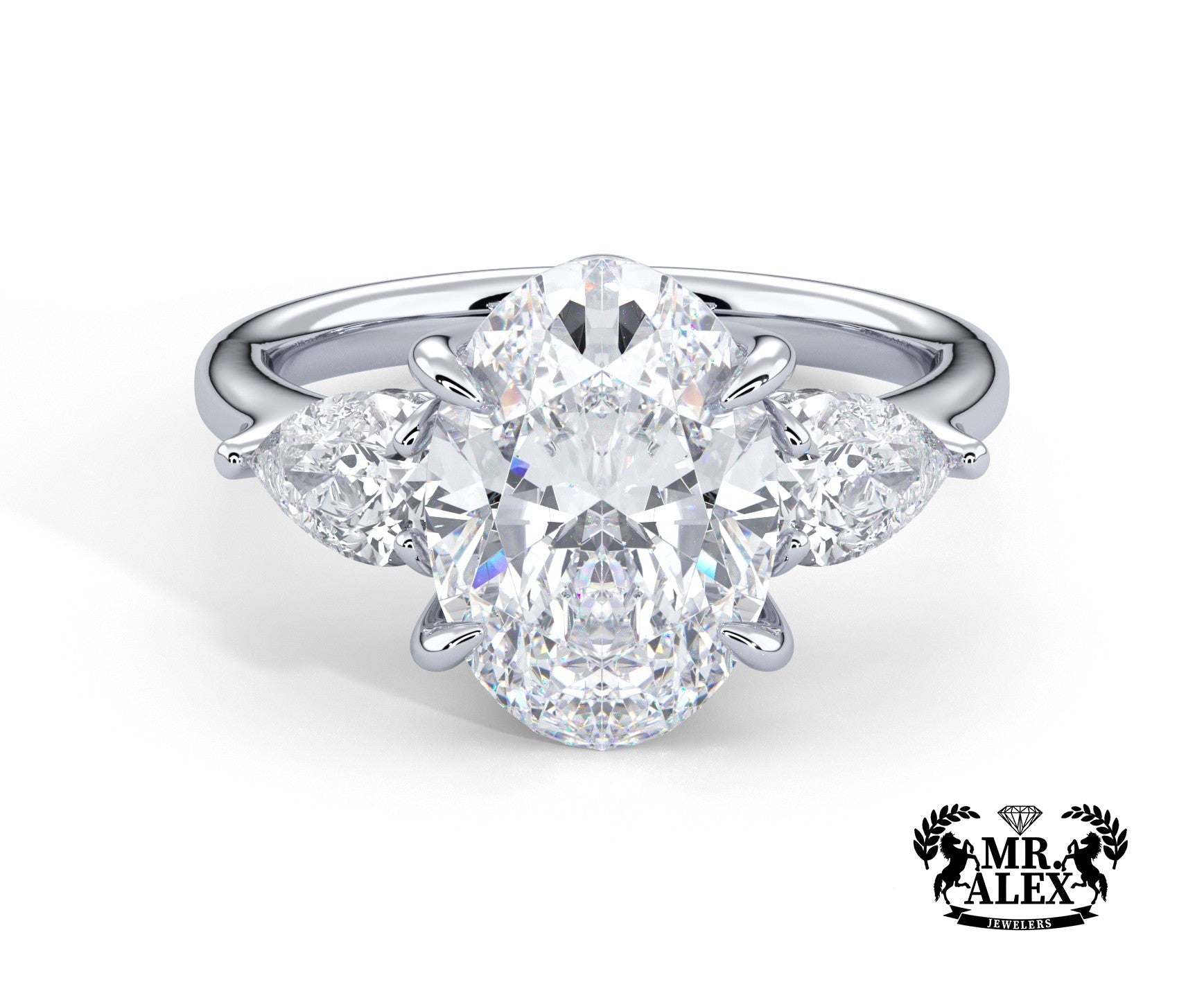 2 Carat Oval Cut Three Stone Engagement Ring with Pear Side Diamonds - Mr. Alex Jewelry