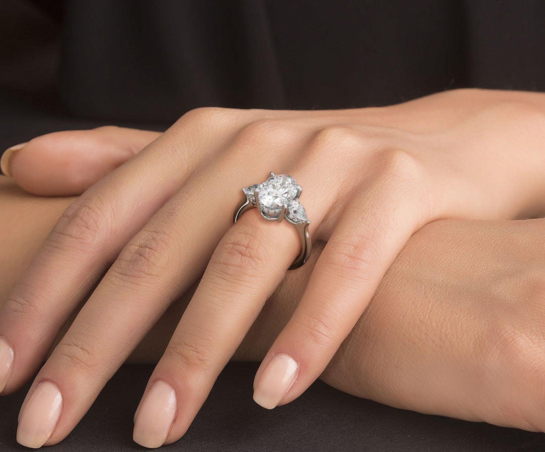 2 Carat Oval Cut Three Stone Engagement Ring with Pear Side Diamonds - Mr. Alex Jewelry