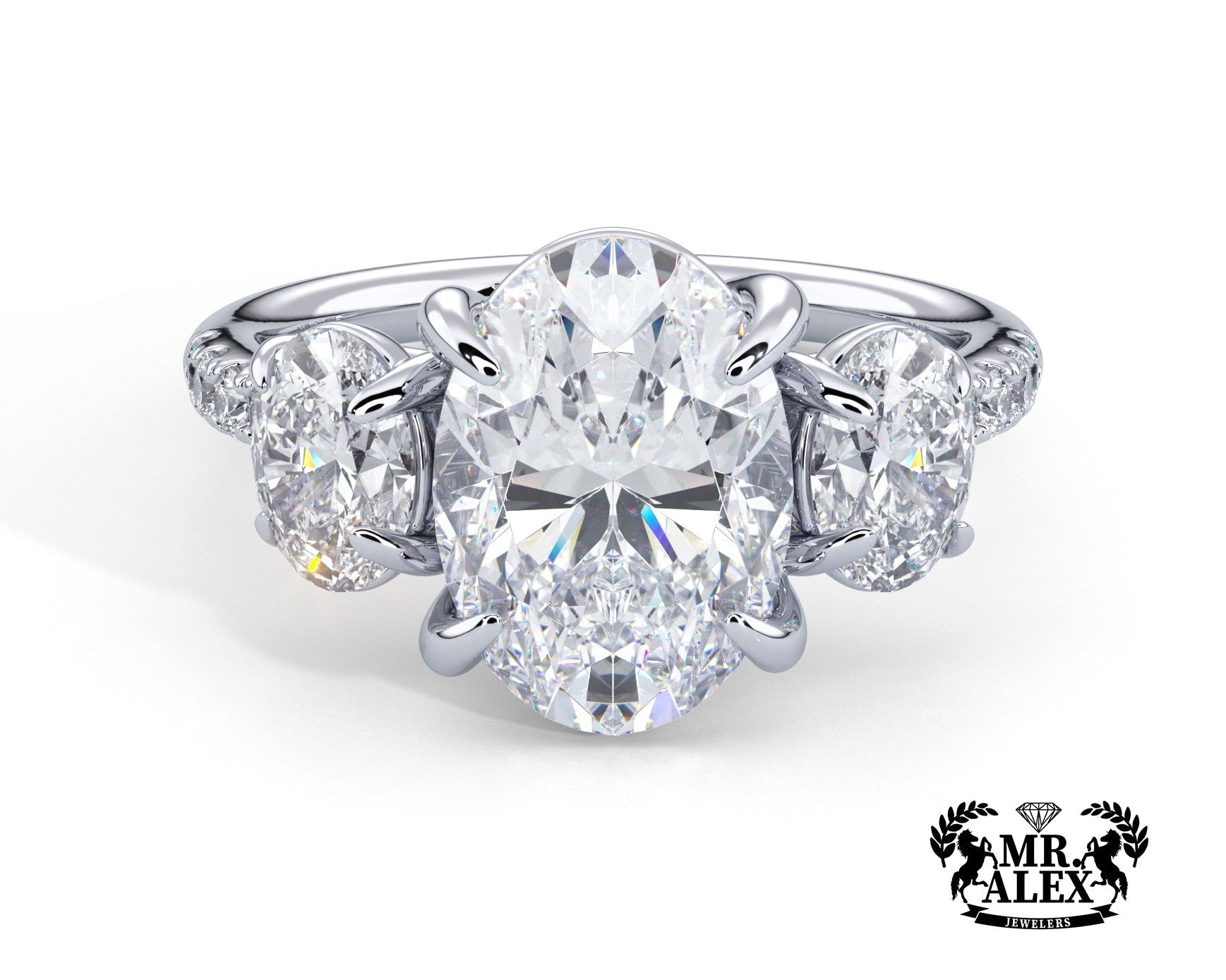 2 Carat Oval Cut Three Stone Engagement Ring with Side Diamonds - Mr. Alex Jewelry