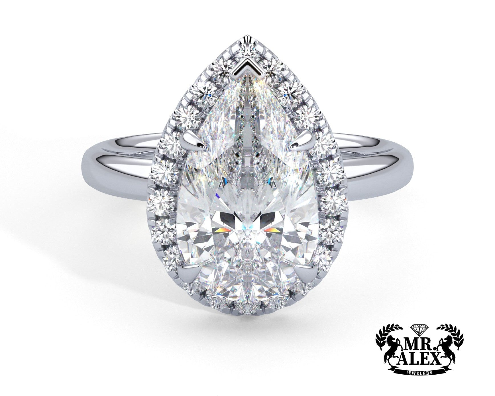 2 Carat Pear Cut Halo with Plain Shank Engagement Ring - Mr. Alex Jewelry