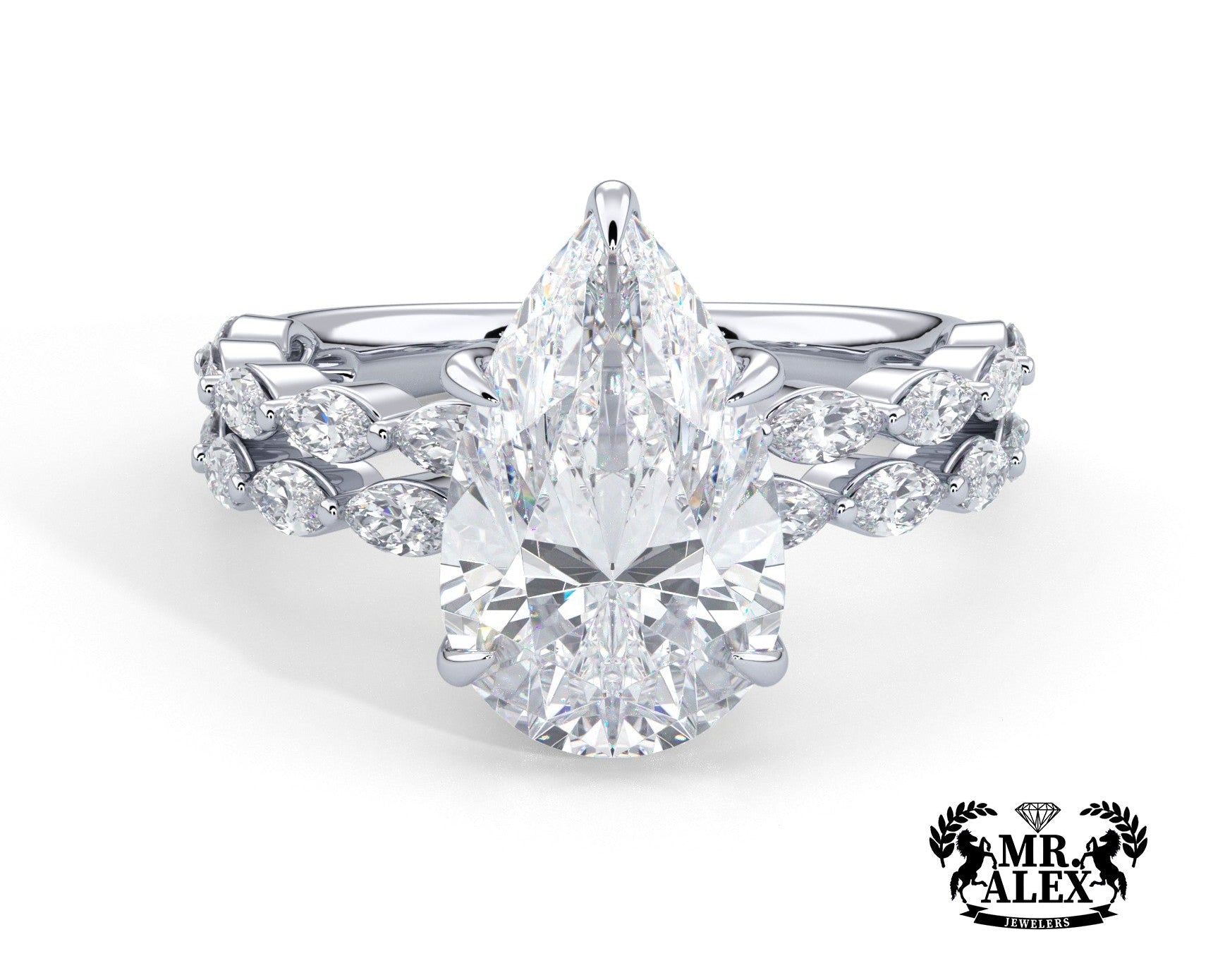 2 Carat Pear Cut Split Shank Marquise Diamond Accents Engagement Ring - Mr. Alex Jewelry