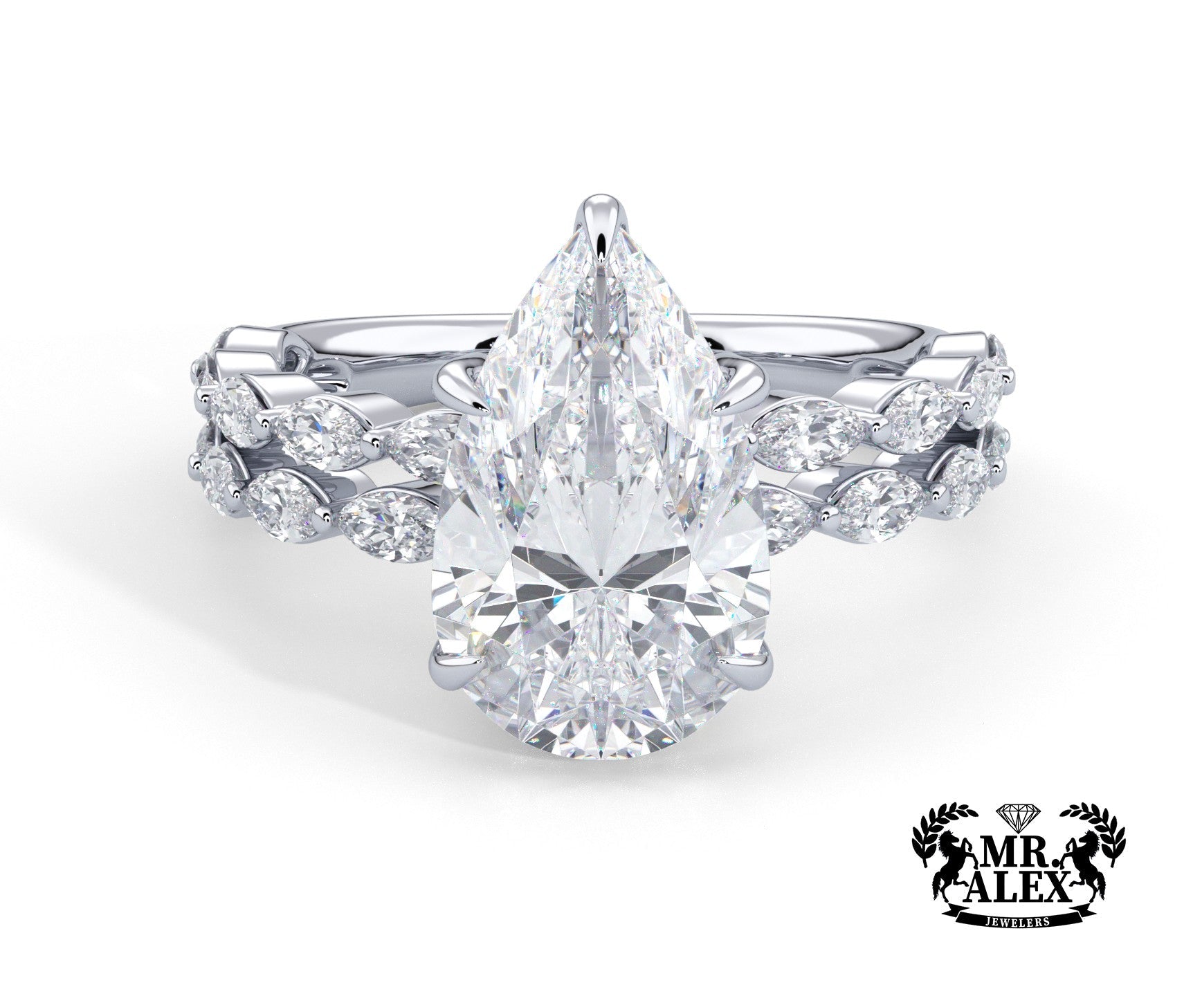 2 Carat Pear Cut Split Shank Marquise Diamond Accents Engagement Ring - Mr. Alex Jewelry