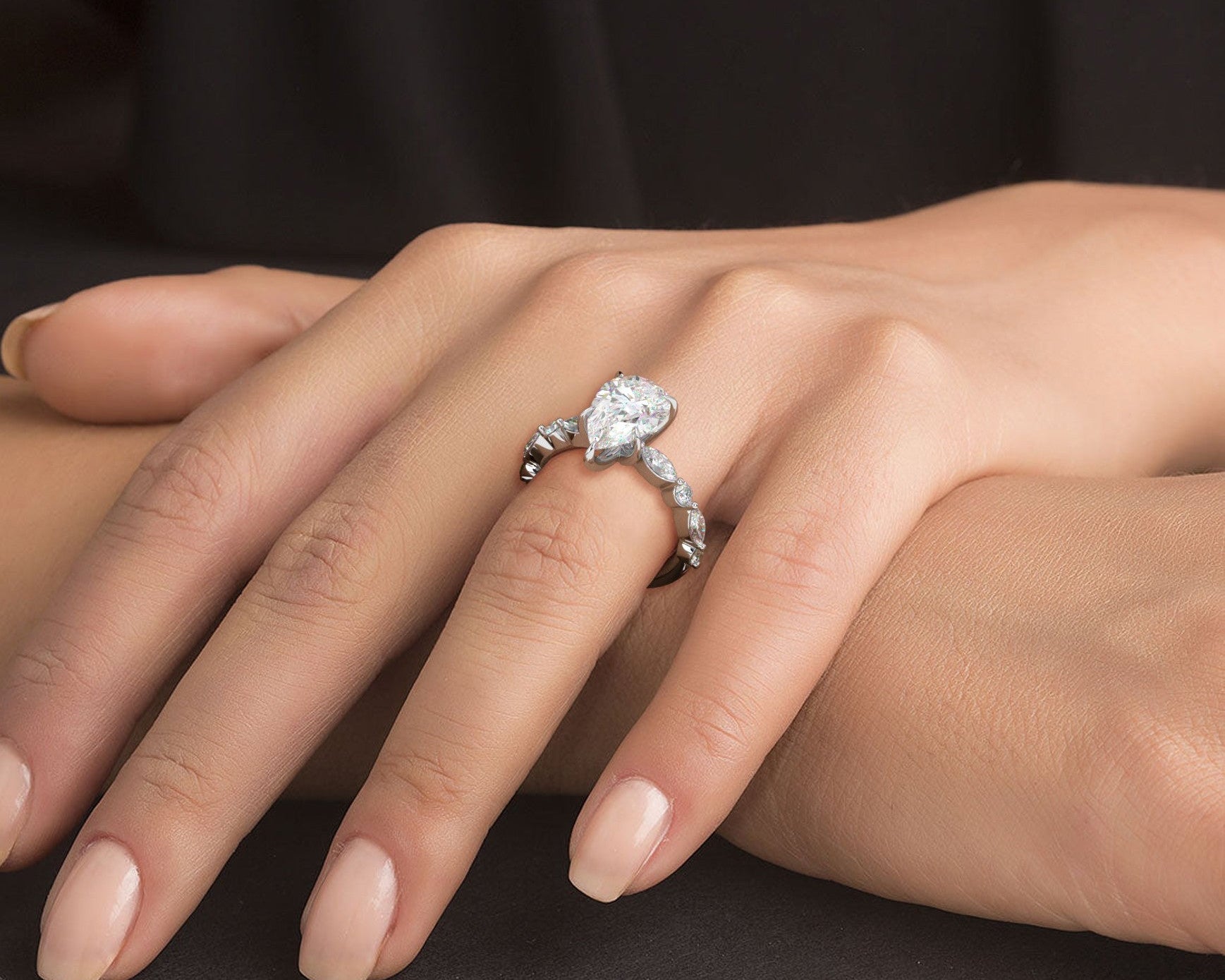 2 Carat Pear Cut Straight Shank Alternating Round & Marquise Diamond - Mr. Alex Jewelry