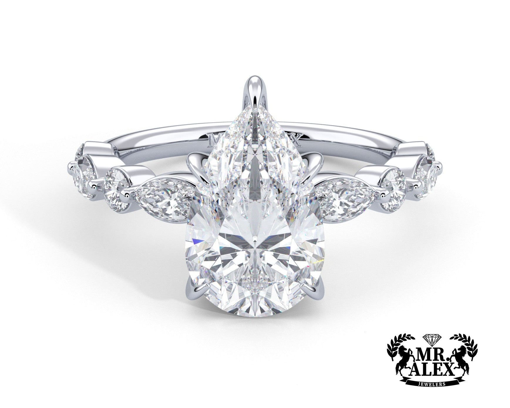 2 Carat Pear Cut Straight Shank Alternating Round & Marquise Diamond - Mr. Alex Jewelry