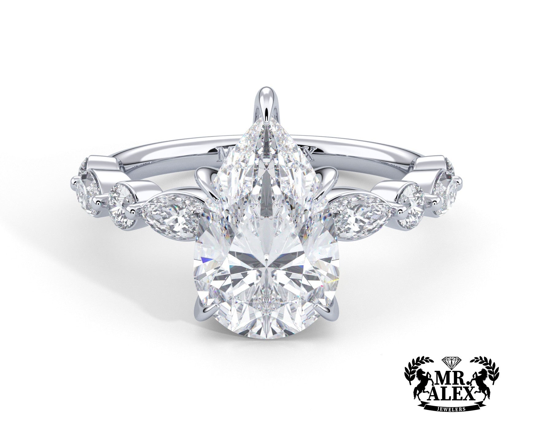 2 Carat Pear Cut Straight Shank Alternating Round & Marquise Diamond - Mr. Alex Jewelry