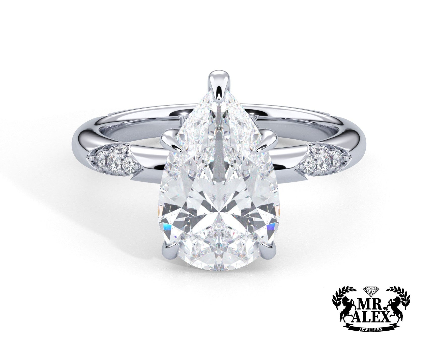 2 Carat Pear Cut Straight Shank Round Diamond Accents Engagement Ring - Mr. Alex Jewelry