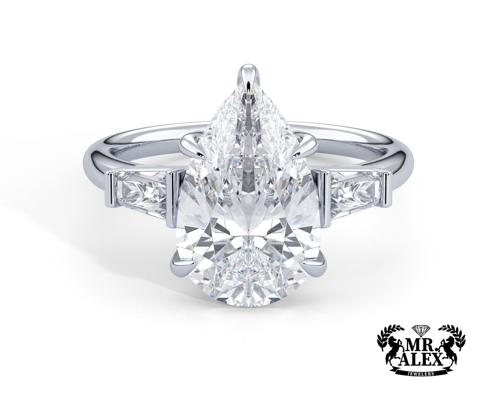 2 Carat Pear Cut Tapered Baguette Three Stone Engagement Ring - Mr. Alex Jewelry