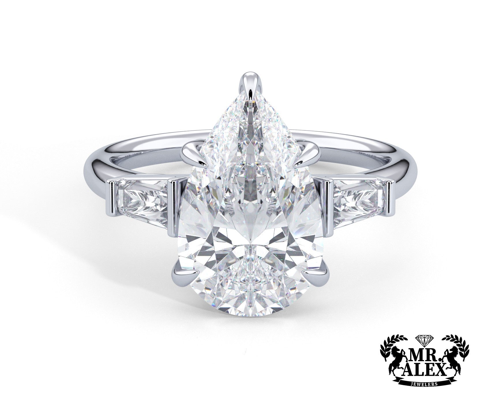 2 Carat Pear Cut Tapered Baguette Three Stone Engagement Ring - Mr. Alex Jewelry