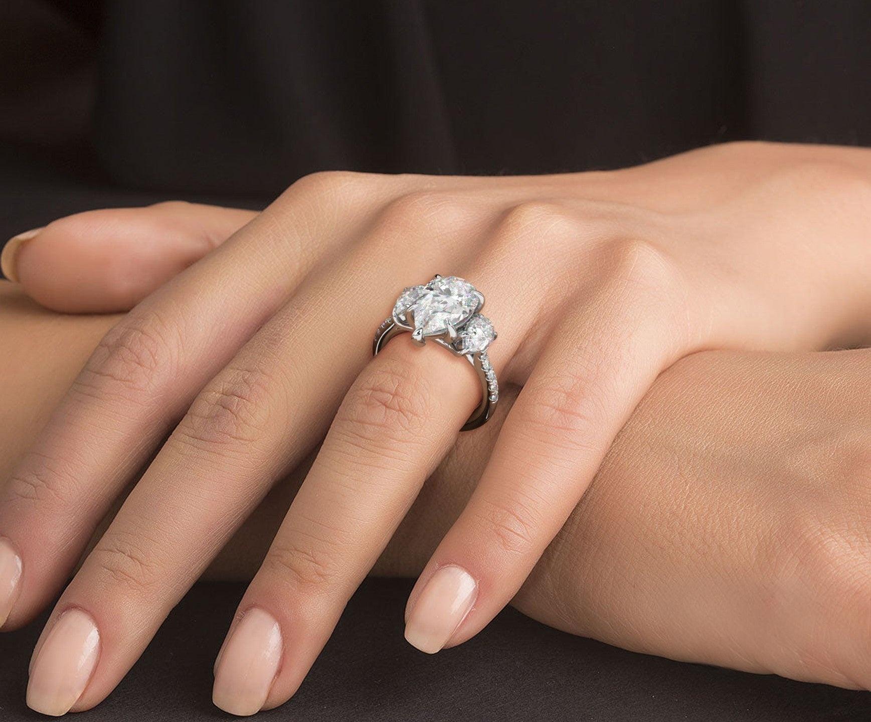 2 Carat Pear Cut Three Stone Engagement Ring with Pear Side Diamond - Mr. Alex Jewelry