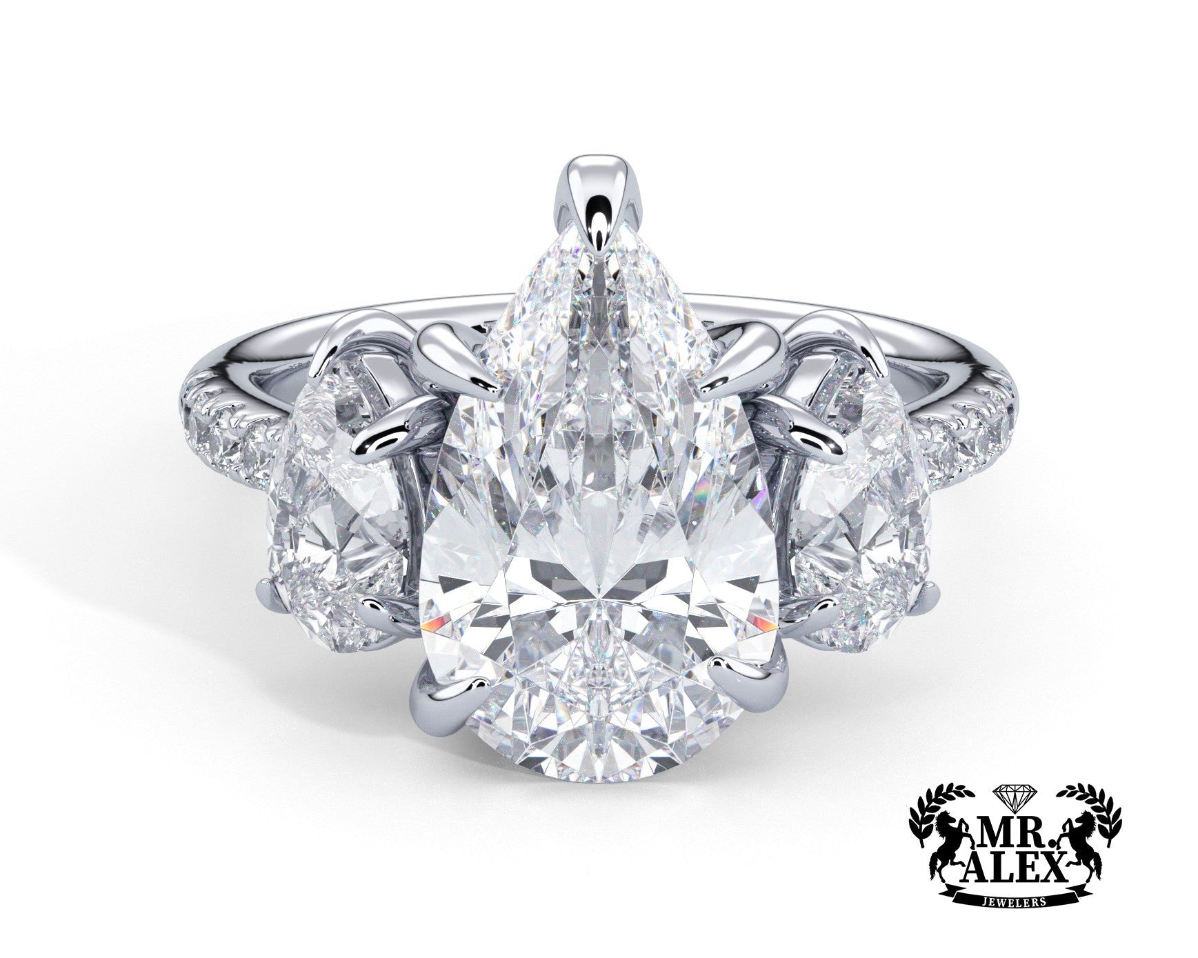 2 Carat Pear Cut Three Stone Engagement Ring with Pear Side Diamond - Mr. Alex Jewelry