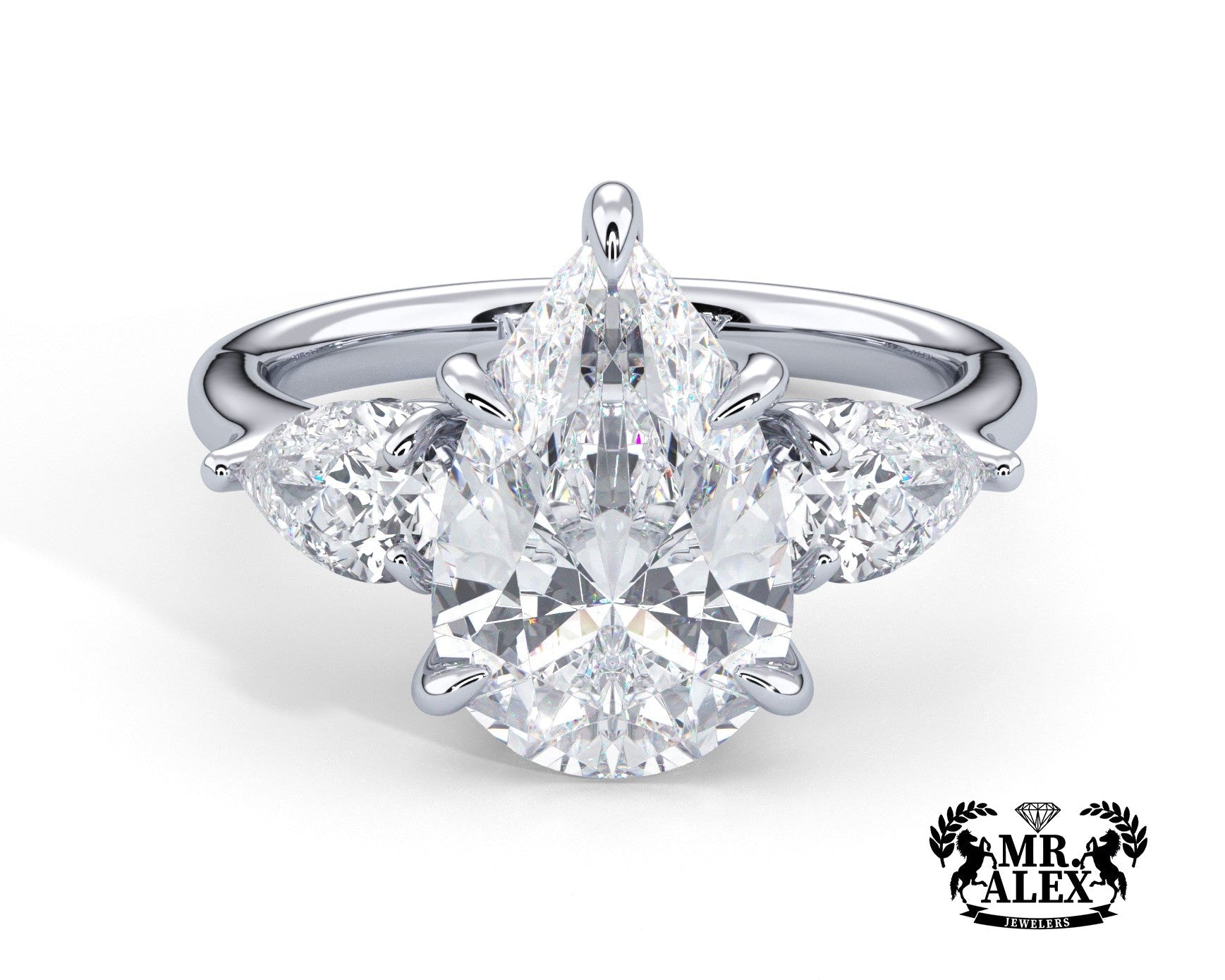 2 Carat Pear Cut Three Stone Engagement Ring with Pear Side Diamonds - Mr. Alex Jewelry