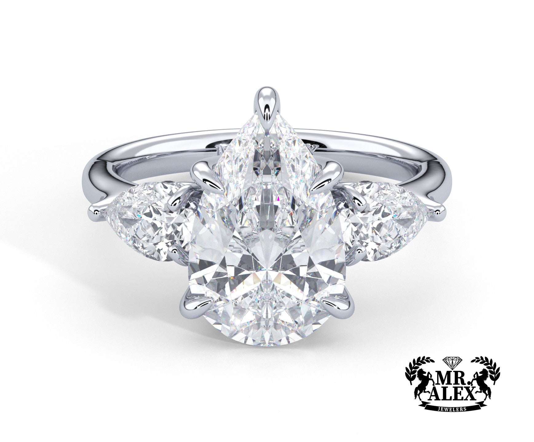 2 Carat Pear Cut Three Stone Engagement Ring with Pear Side Diamonds - Mr. Alex Jewelry