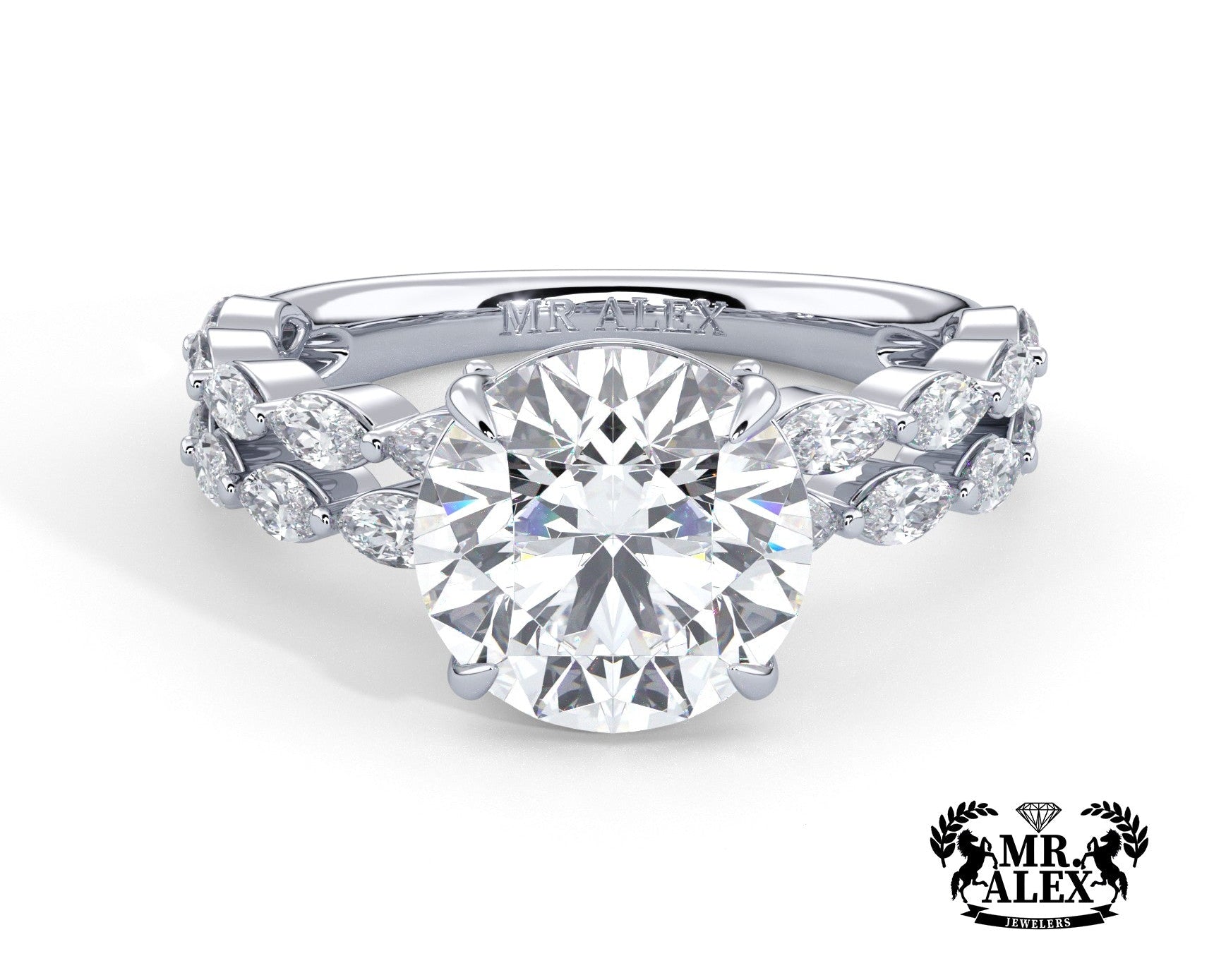 2 Carat Round Cut Split Shank Marquise Diamond Accents Engagement Ring - Mr. Alex Jewelry