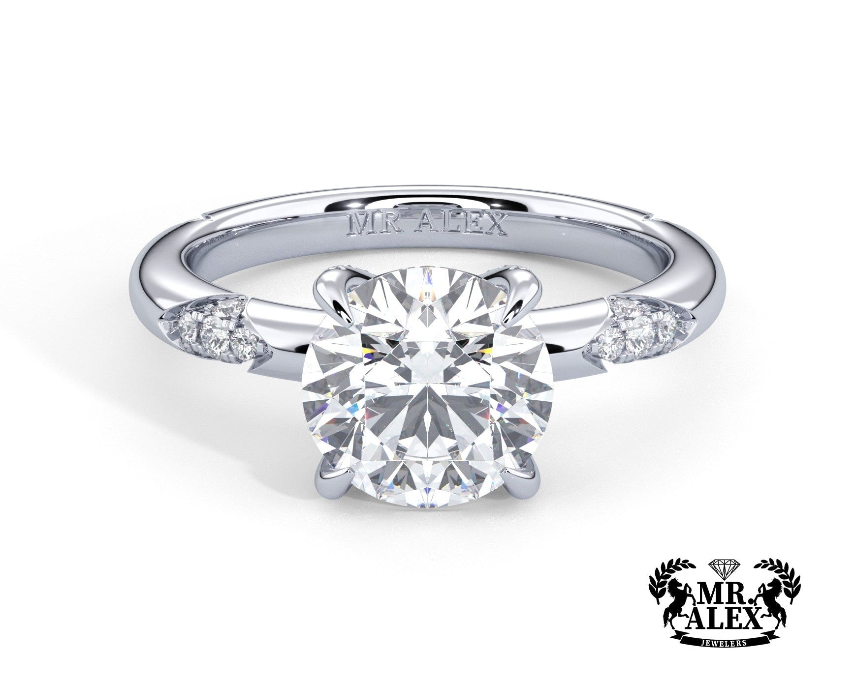 2 Carat Round Cut Straight Shank Round Diamond Accents Engagement Ring - Mr. Alex Jewelry