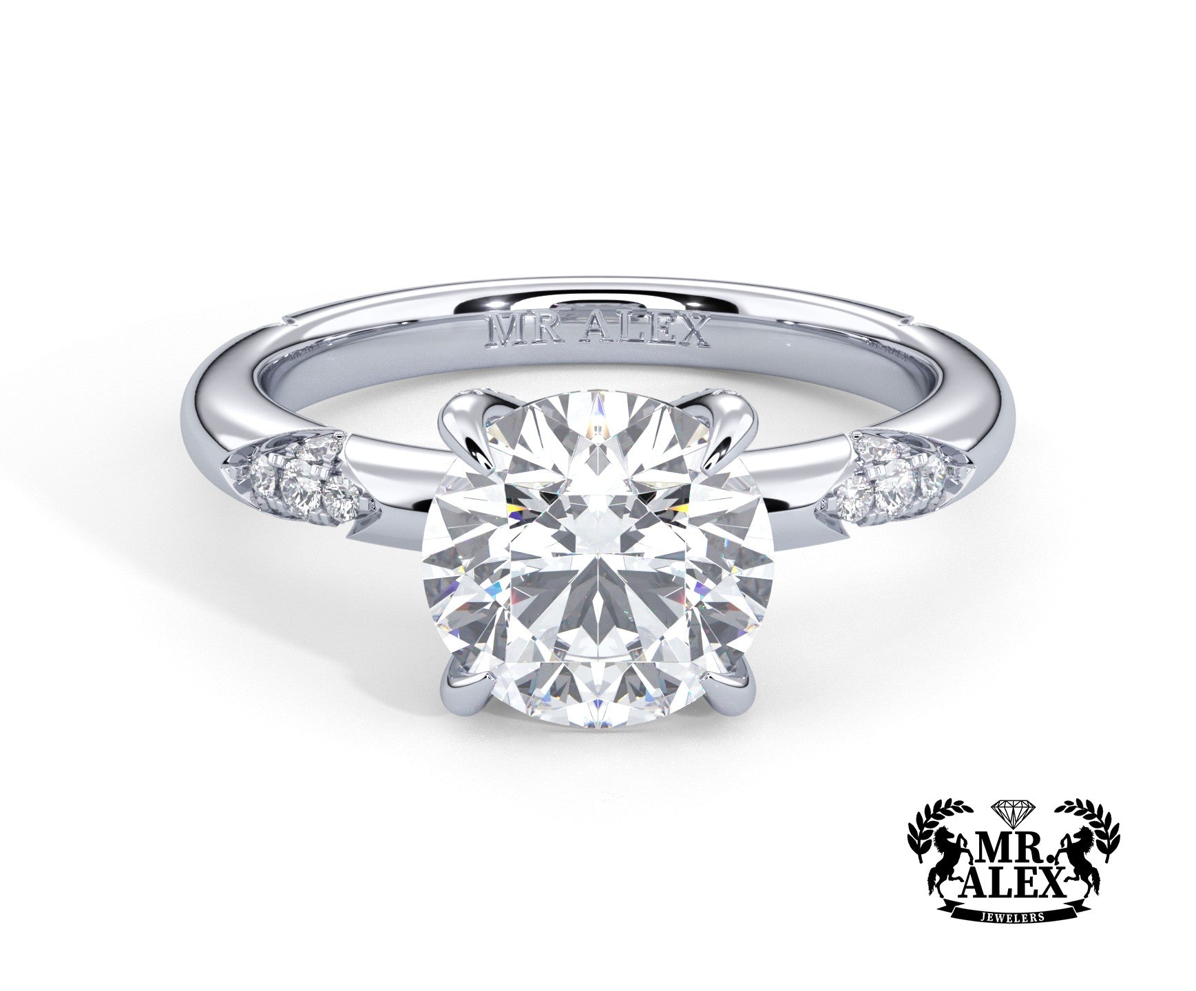 2 Carat Round Cut Straight Shank Round Diamond Accents Engagement Ring - Mr. Alex Jewelry