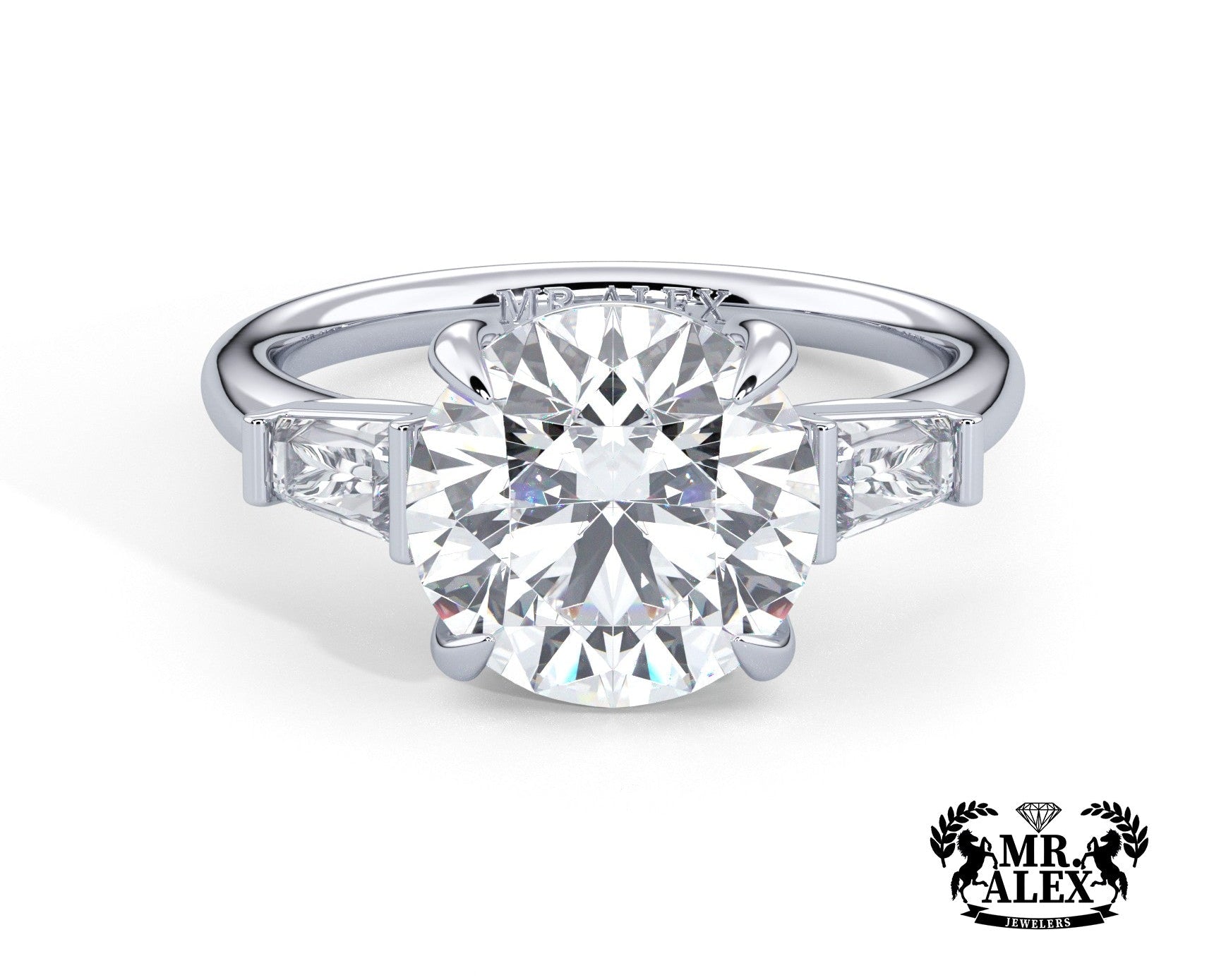 2 Carat Round Cut Tapered Baguette Three Stone Engagement Ring - Mr. Alex Jewelry