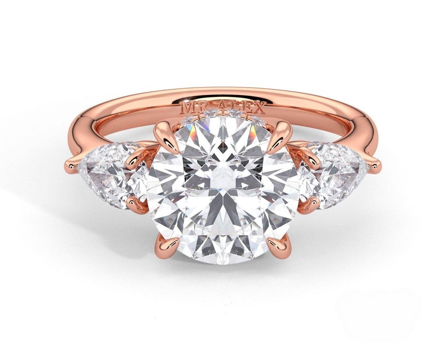 2 Carat Round Cut Three Stone Engagement Ring with Pear Side Diamonds - Mr. Alex Jewelry