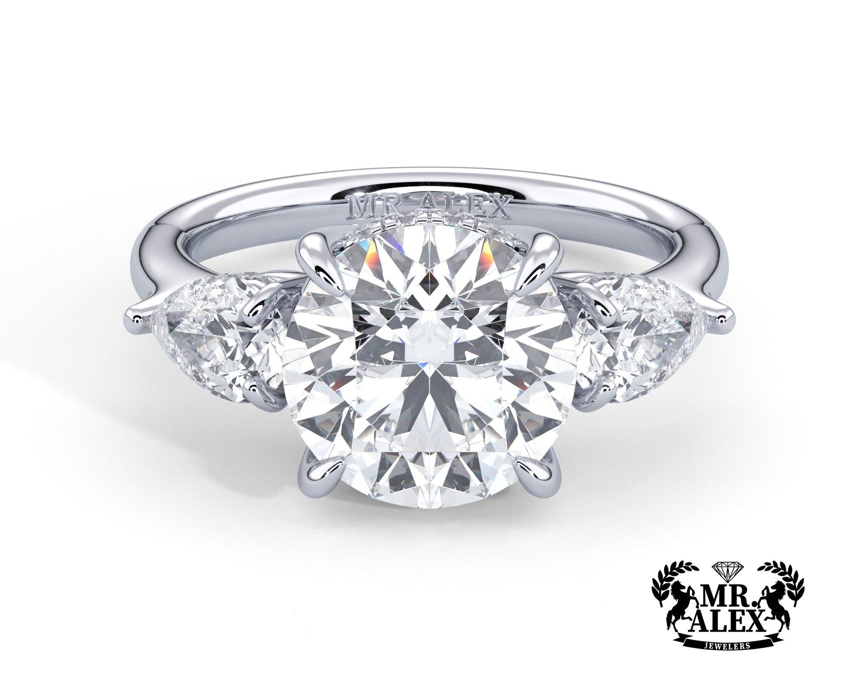 2 Carat Round Cut Three Stone Engagement Ring with Pear Side Diamonds - Mr. Alex Jewelry