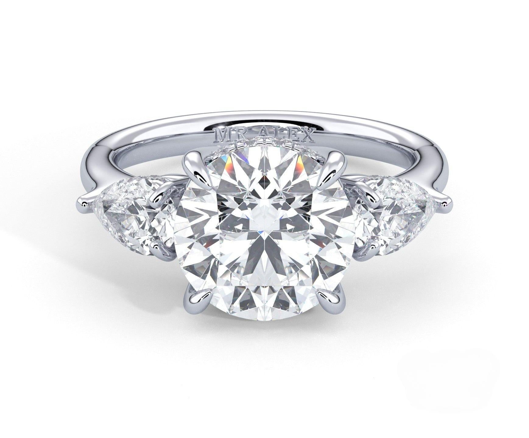 2 Carat Round Cut Three Stone Engagement Ring with Pear Side Diamonds - Mr. Alex Jewelry