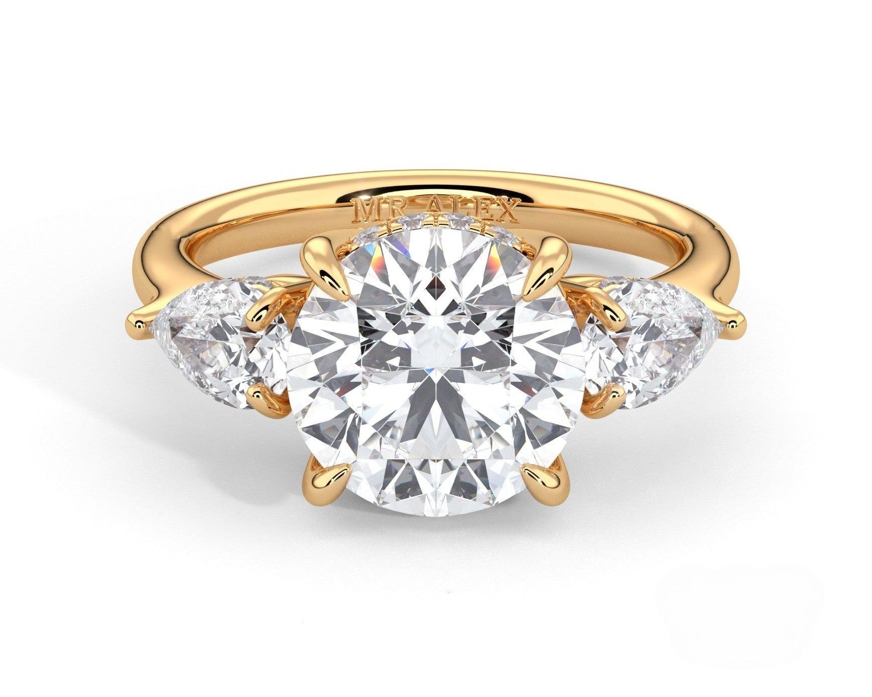 2 Carat Round Cut Three Stone Engagement Ring with Pear Side Diamonds - Mr. Alex Jewelry
