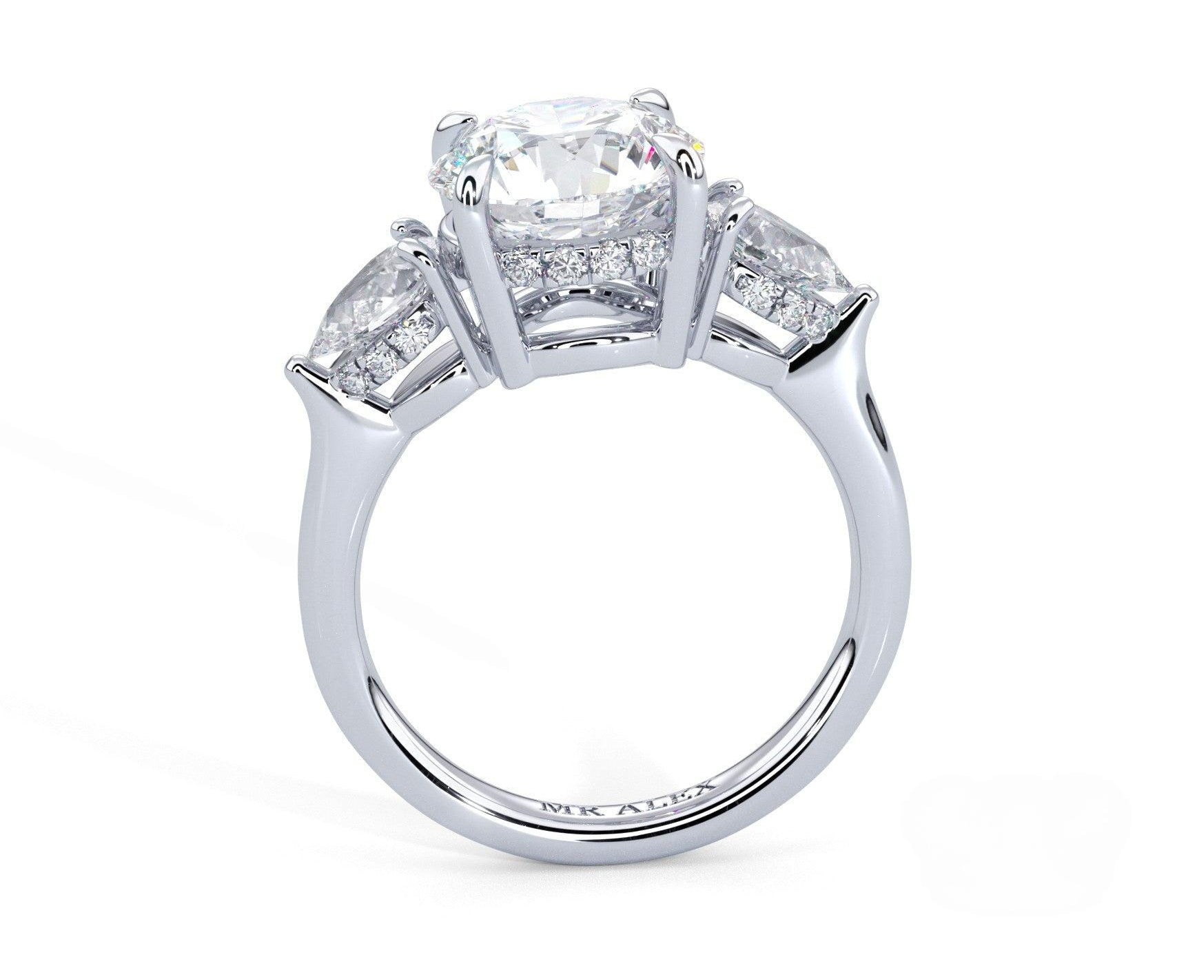 2 Carat Round Cut Three Stone Engagement Ring with Pear Side Diamonds - Mr. Alex Jewelry