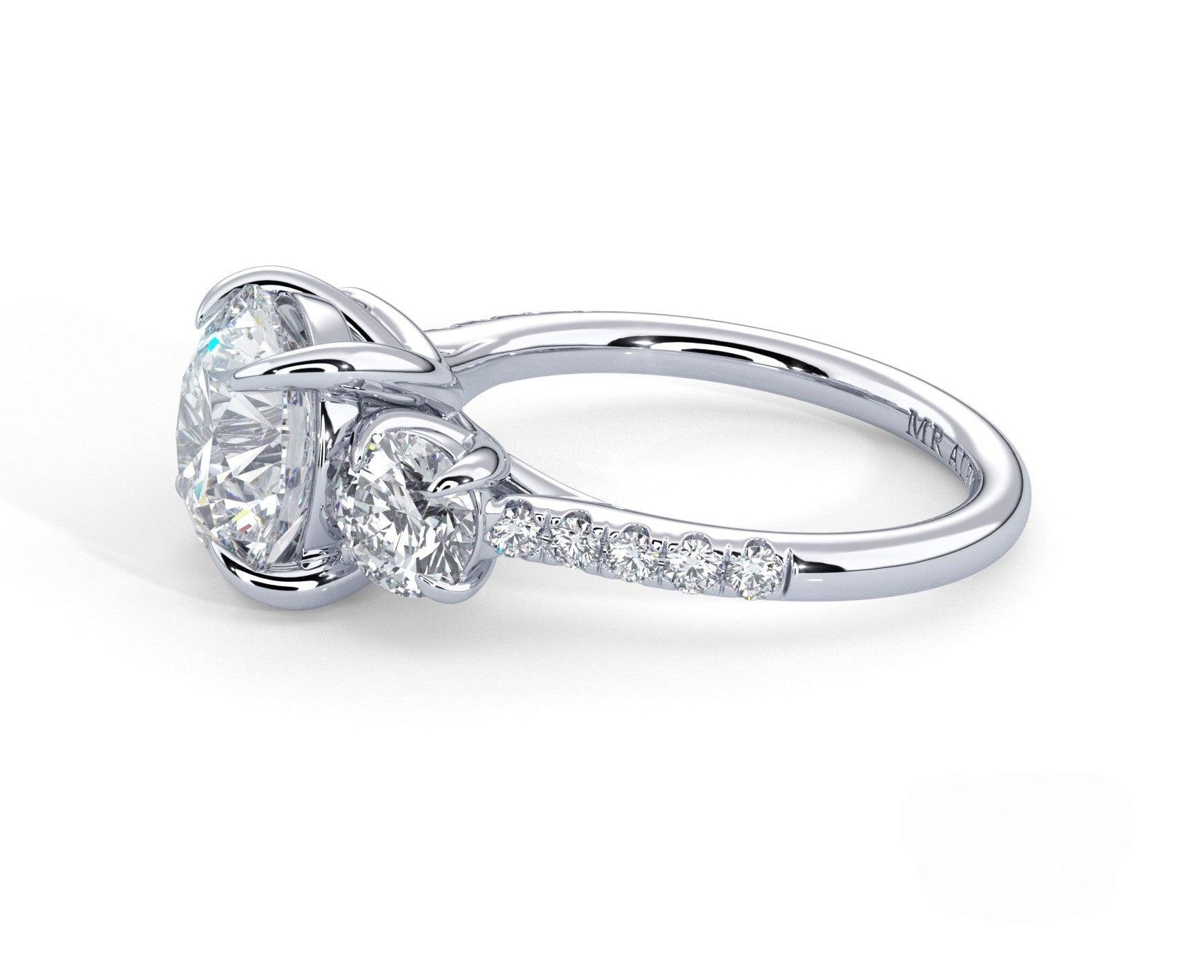 2 Carat Round Cut Three Stone Engagement Ring with Side Diamonds - Mr. Alex Jewelry