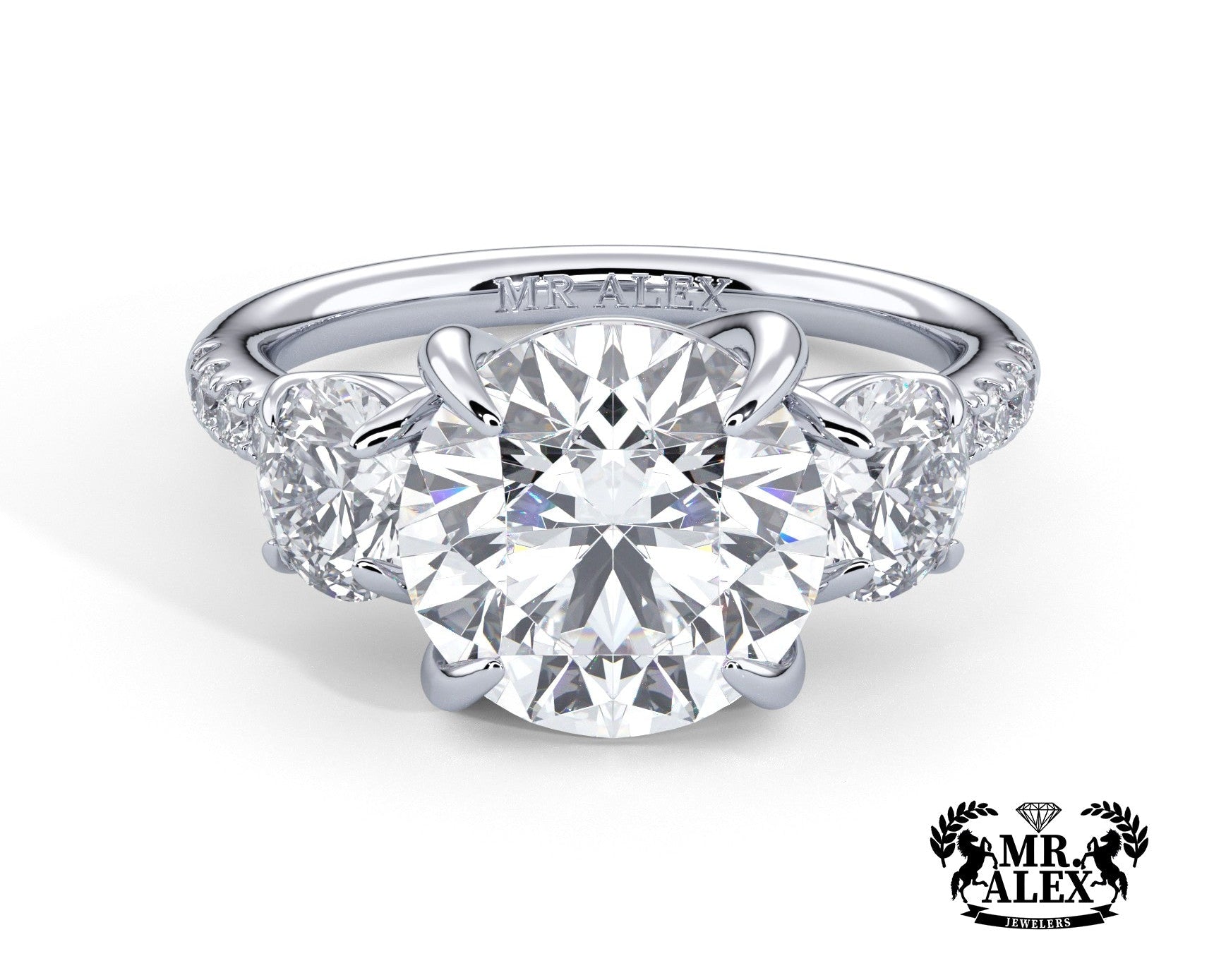 2 Carat Round Cut Three Stone Engagement Ring with Side Diamonds - Mr. Alex Jewelry