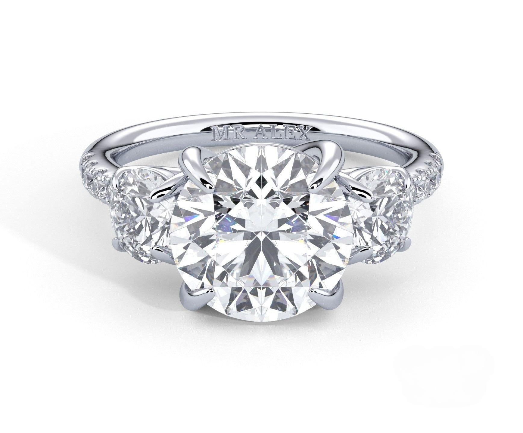 2 Carat Round Cut Three Stone Engagement Ring with Side Diamonds - Mr. Alex Jewelry