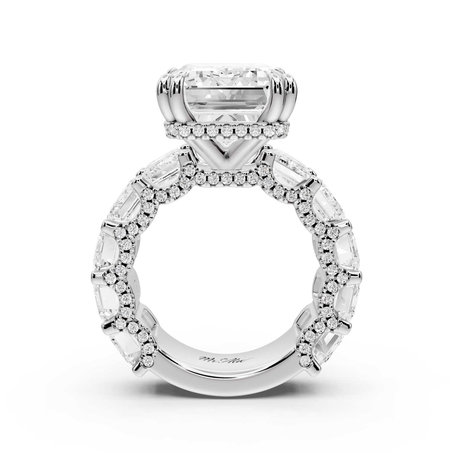 Daisy - 10ct platinum Emerald Hidden Halo Engagement Ring with Graduated Shared-Prong Side Stones and Pavé Accents