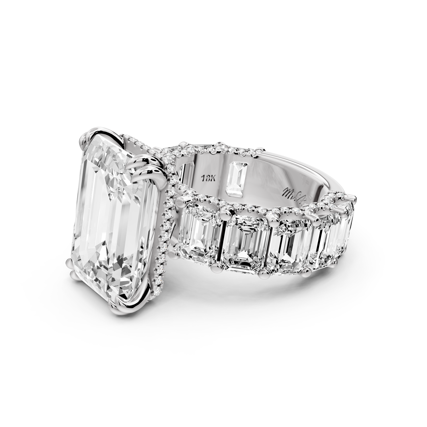 Daisy - 10ct platinum Emerald Hidden Halo Engagement Ring with Graduated Shared-Prong Side Stones and Pavé Accents