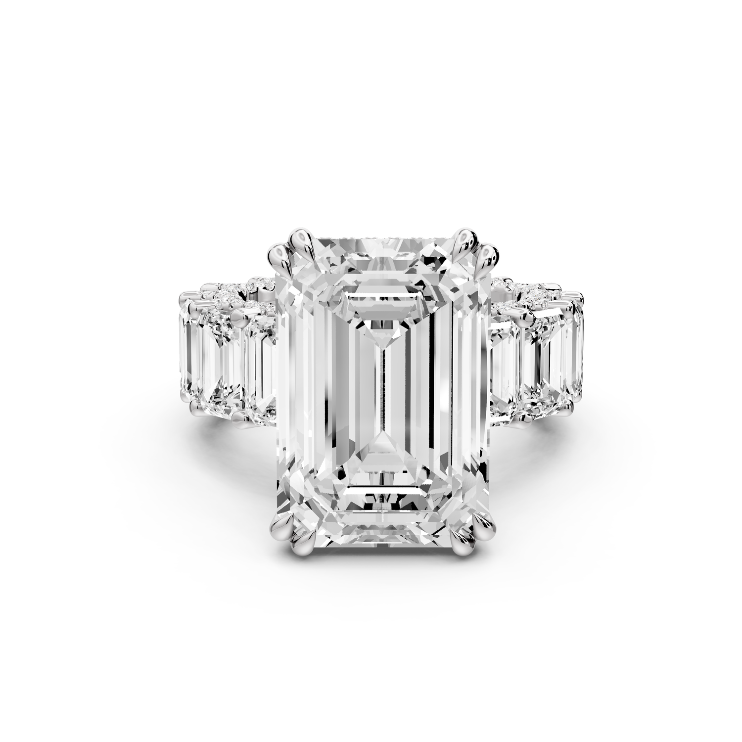 Daisy - 10ct platinum Emerald Hidden Halo Engagement Ring with Graduated Shared-Prong Side Stones and Pavé Accents