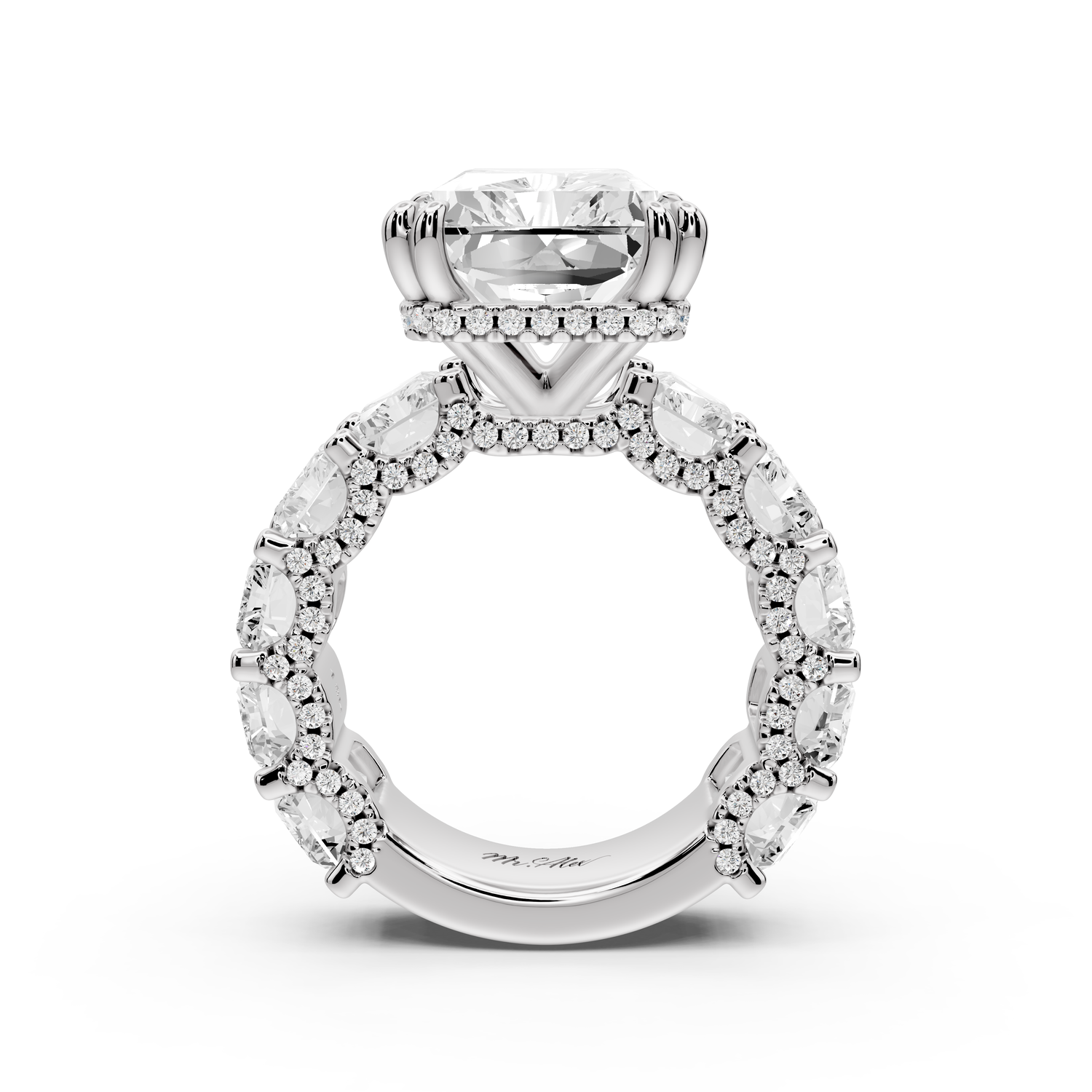 Daisy - 10ct platinum Radiant Hidden Halo Engagement Ring with Graduated Shared-Prong Side Stones and Pavé Accents