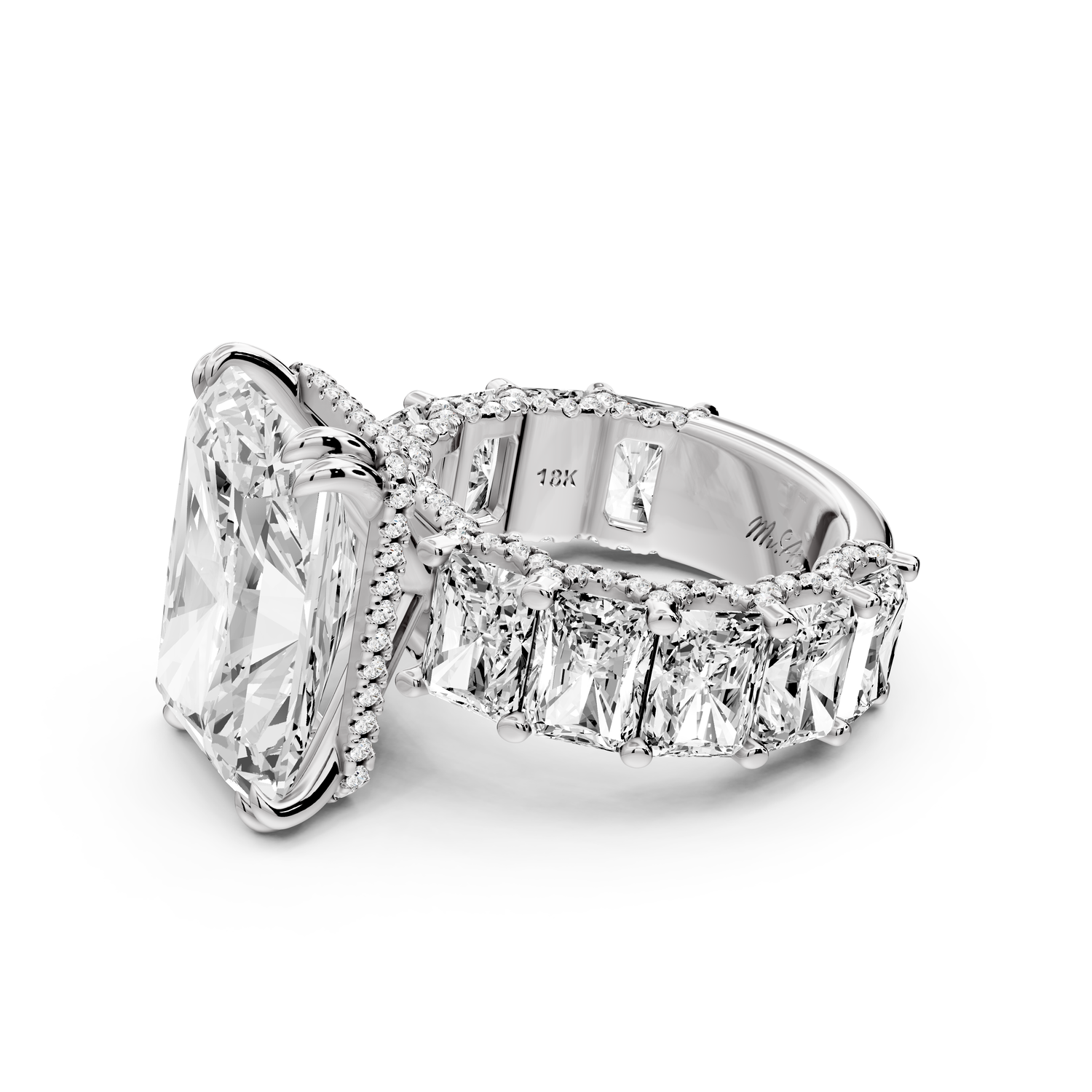 Daisy - 10ct platinum Radiant Hidden Halo Engagement Ring with Graduated Shared-Prong Side Stones and Pavé Accents