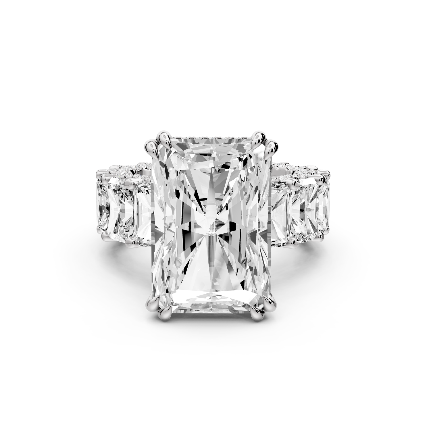 Daisy - 10ct platinum Radiant Hidden Halo Engagement Ring with Graduated Shared-Prong Side Stones and Pavé Accents