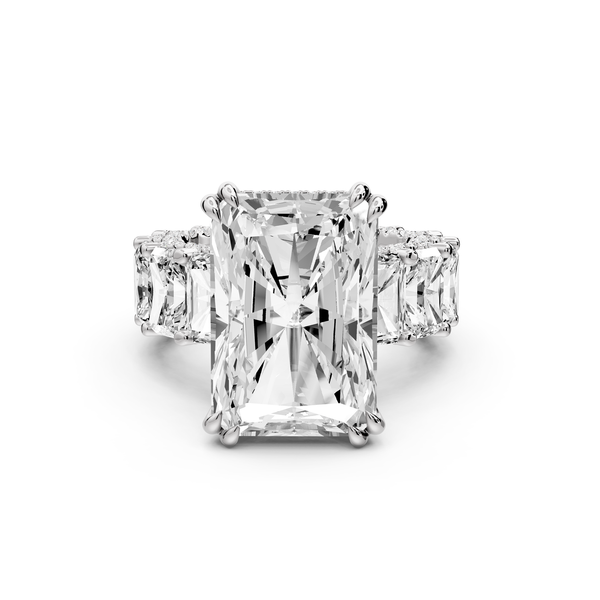 Daisy - 10ct platinum Radiant Hidden Halo Engagement Ring with Graduated Shared-Prong Side Stones and Pavé Accents