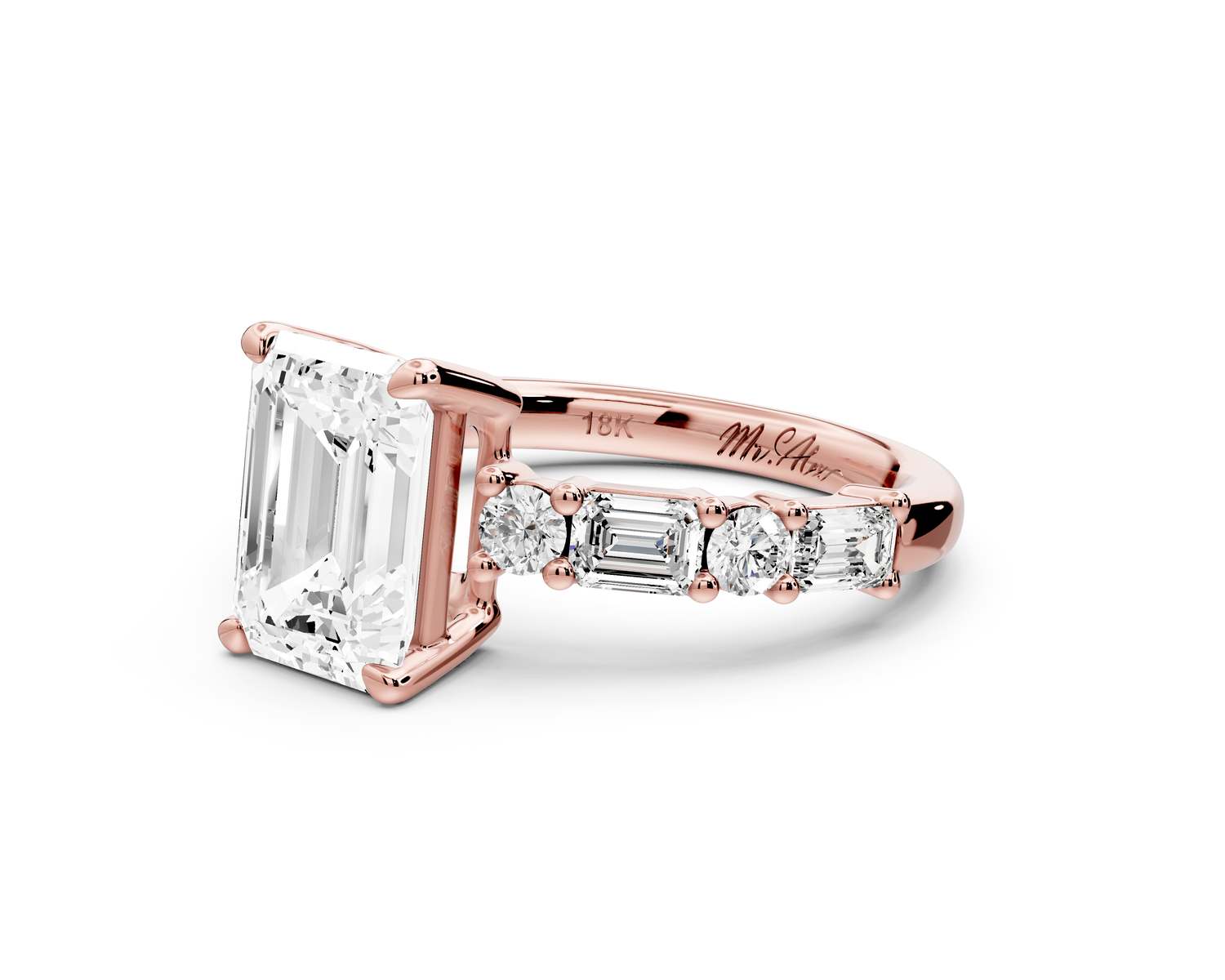 Juliette - 2ct 14k rose gold emerald with Alternating Round and Emerald 8-Stone Band Engagement Ring