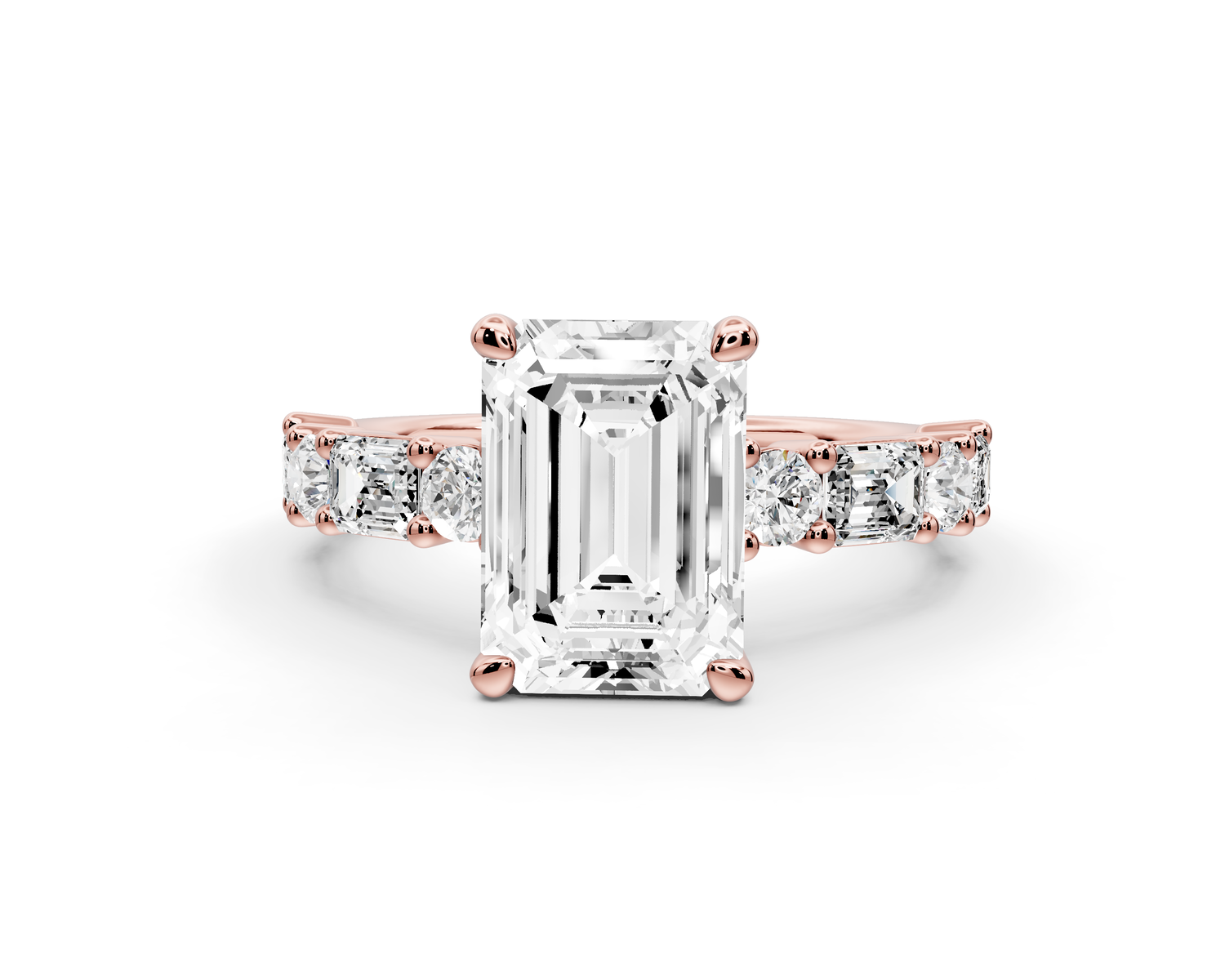 Juliette - 2ct 14k rose gold emerald with Alternating Round and Emerald 8-Stone Band Engagement Ring