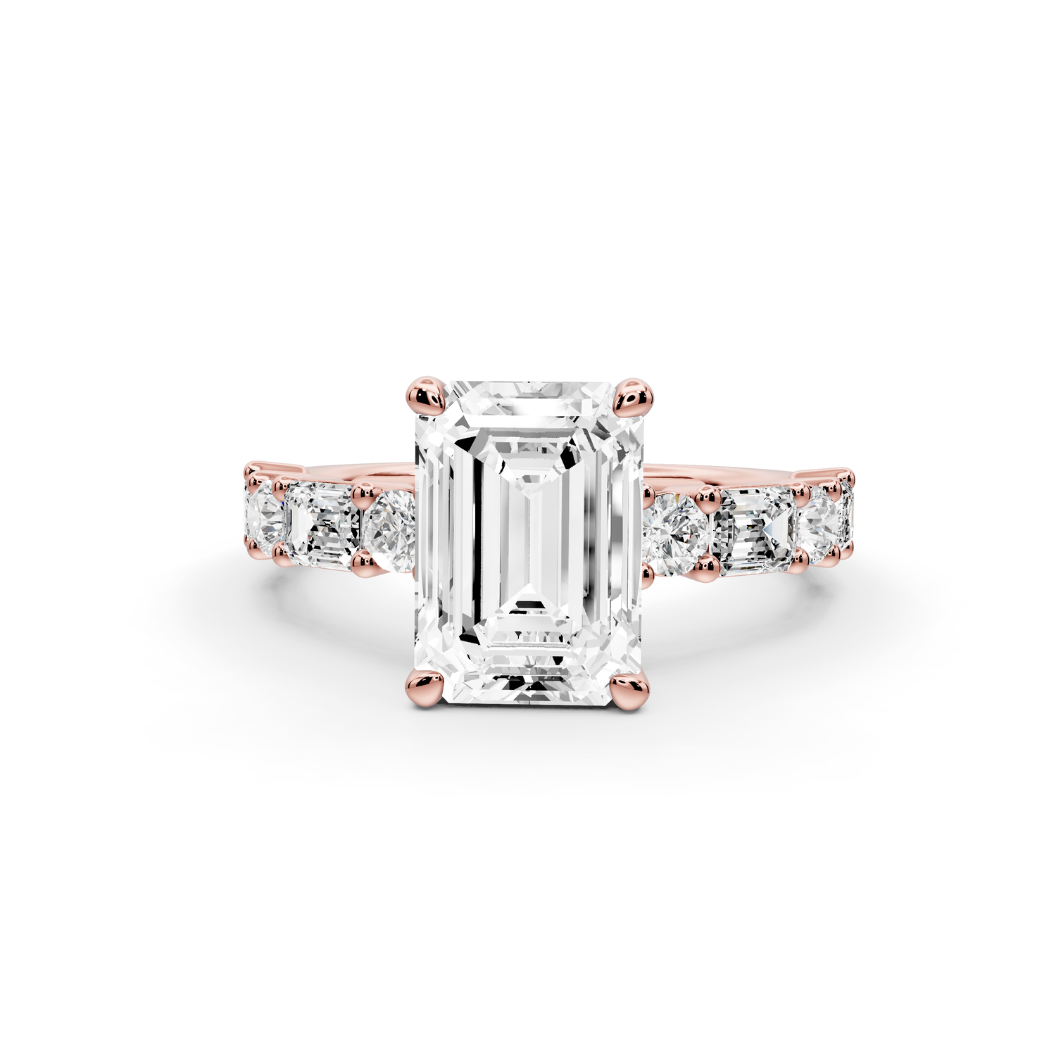 Juliette - 2ct 14k rose gold emerald with Alternating Round and Emerald 8-Stone Band Engagement Ring