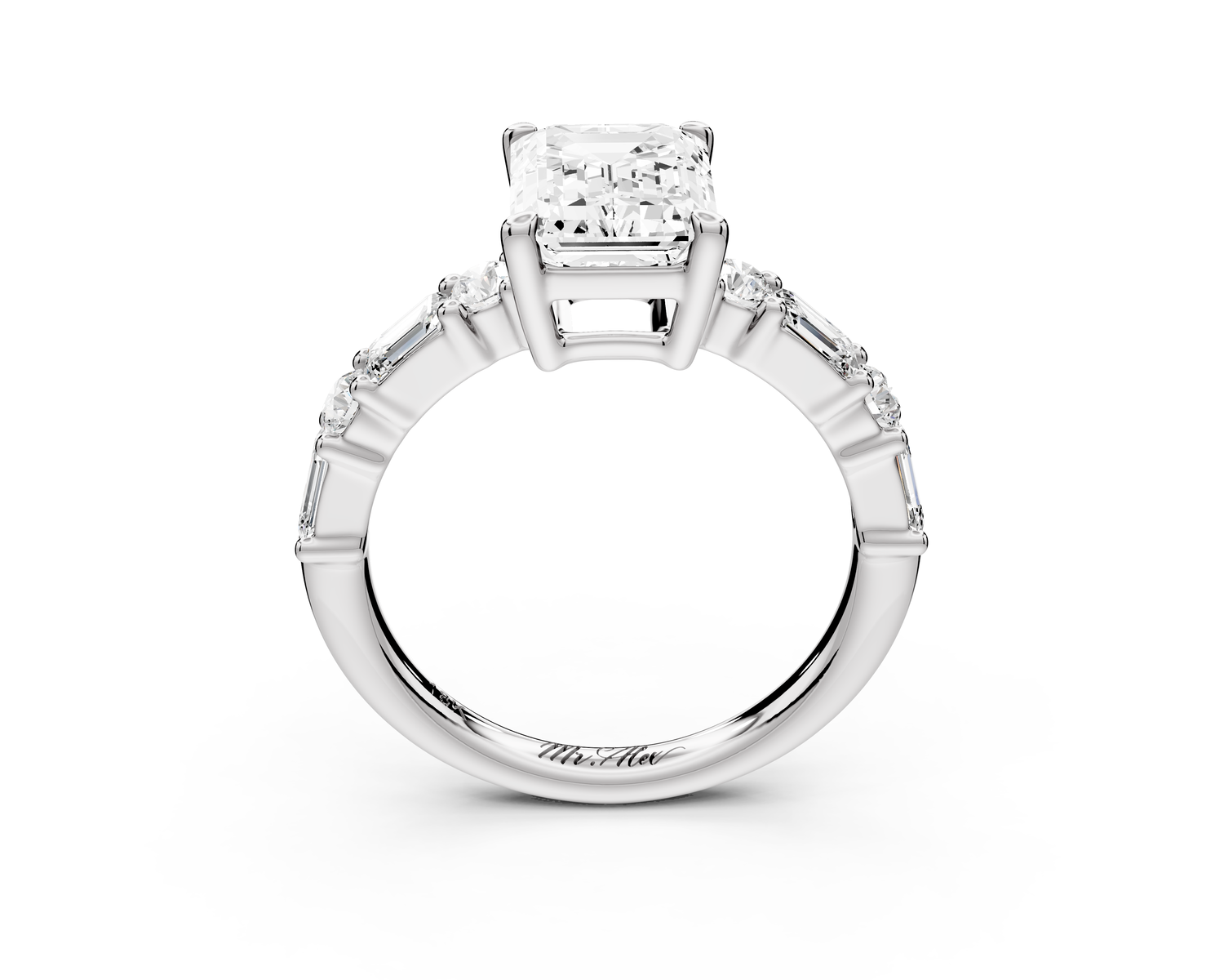Juliette - 2ct 14k white gold emerald with Alternating Round and Emerald 8-Stone Band Engagement Ring
