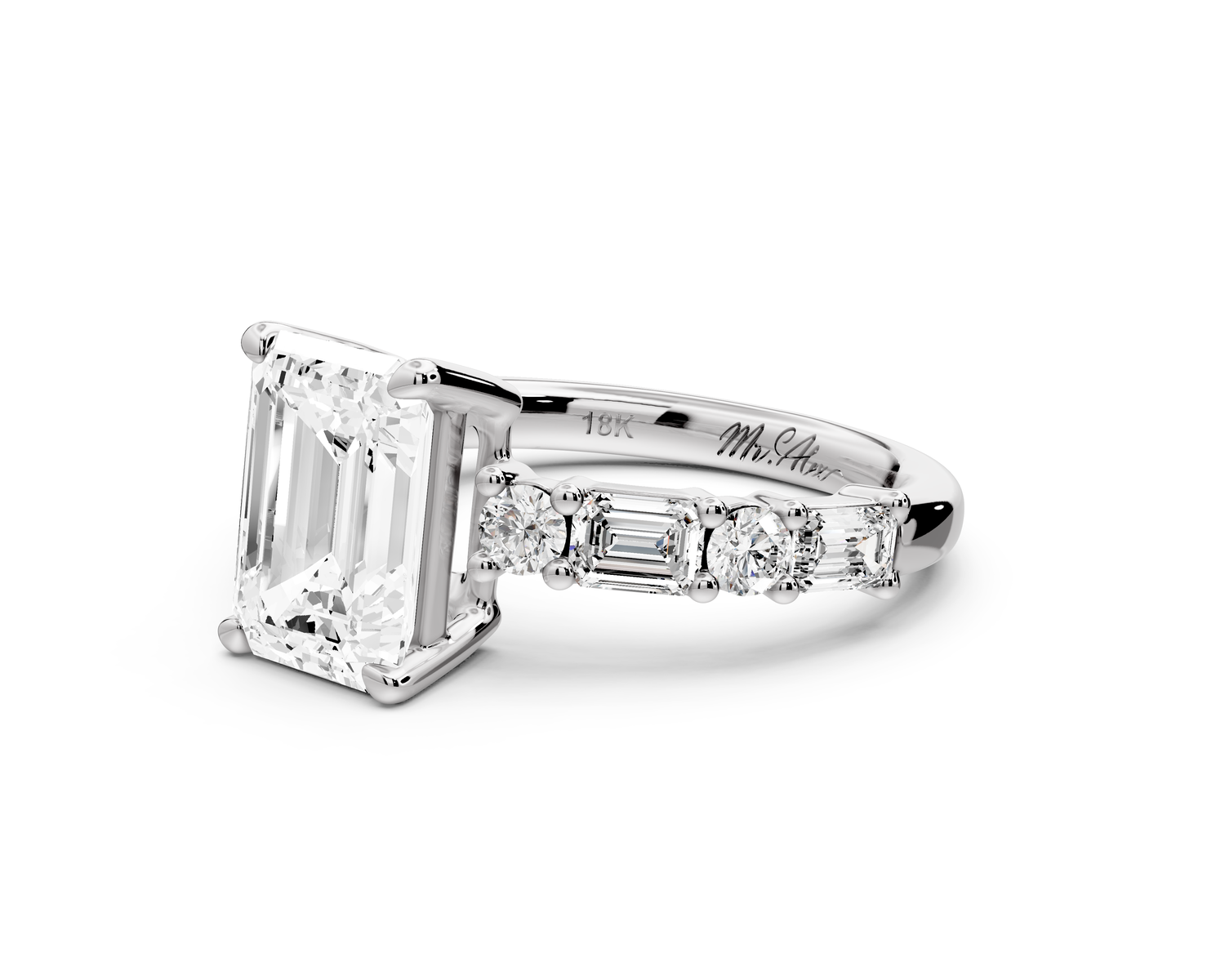 Juliette - 2ct 14k white gold emerald with Alternating Round and Emerald 8-Stone Band Engagement Ring