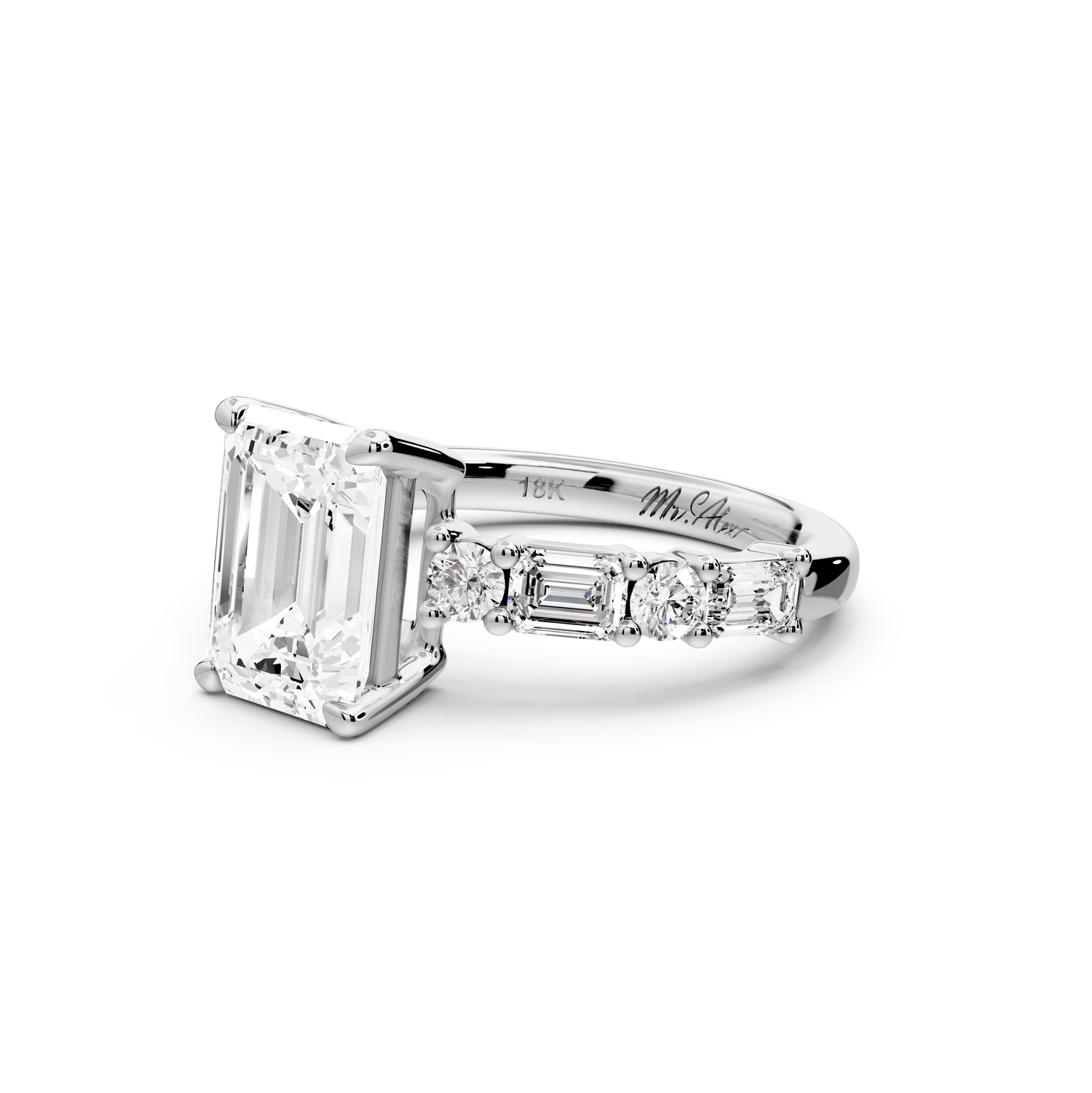 Juliette - 2ct 14k white gold emerald with Alternating Round and Emerald 8-Stone Band Engagement Ring