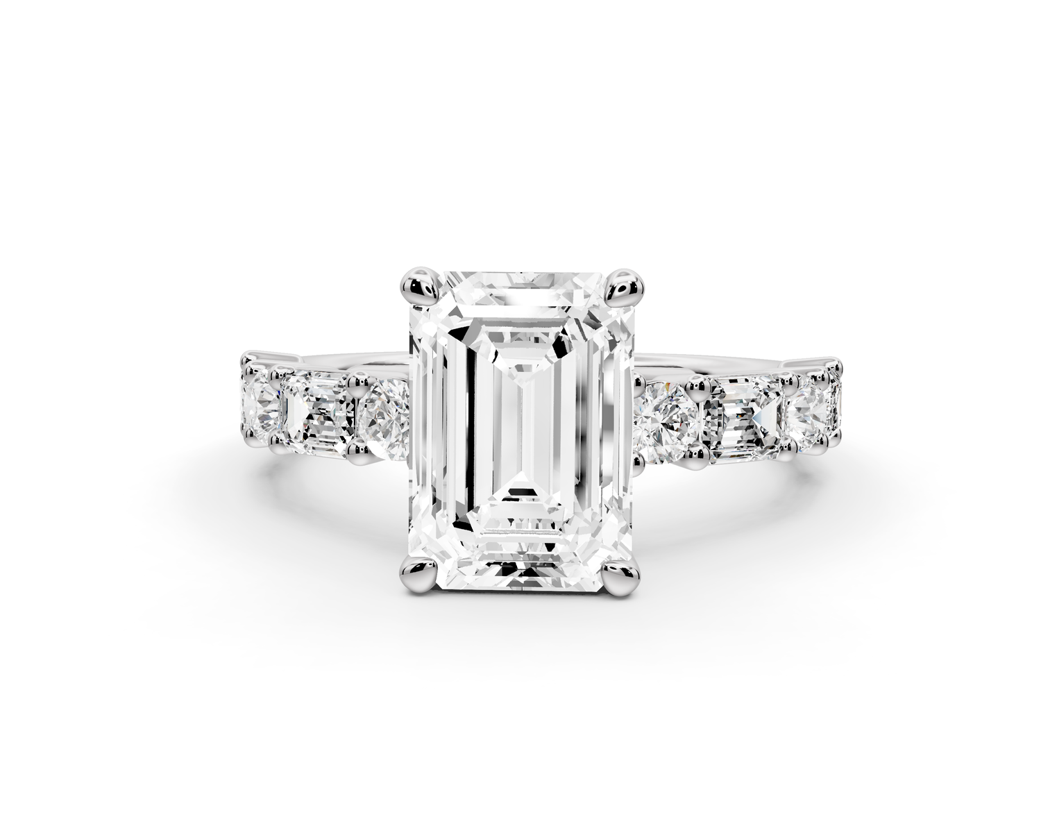 Juliette - 2ct 14k white gold emerald with Alternating Round and Emerald 8-Stone Band Engagement Ring