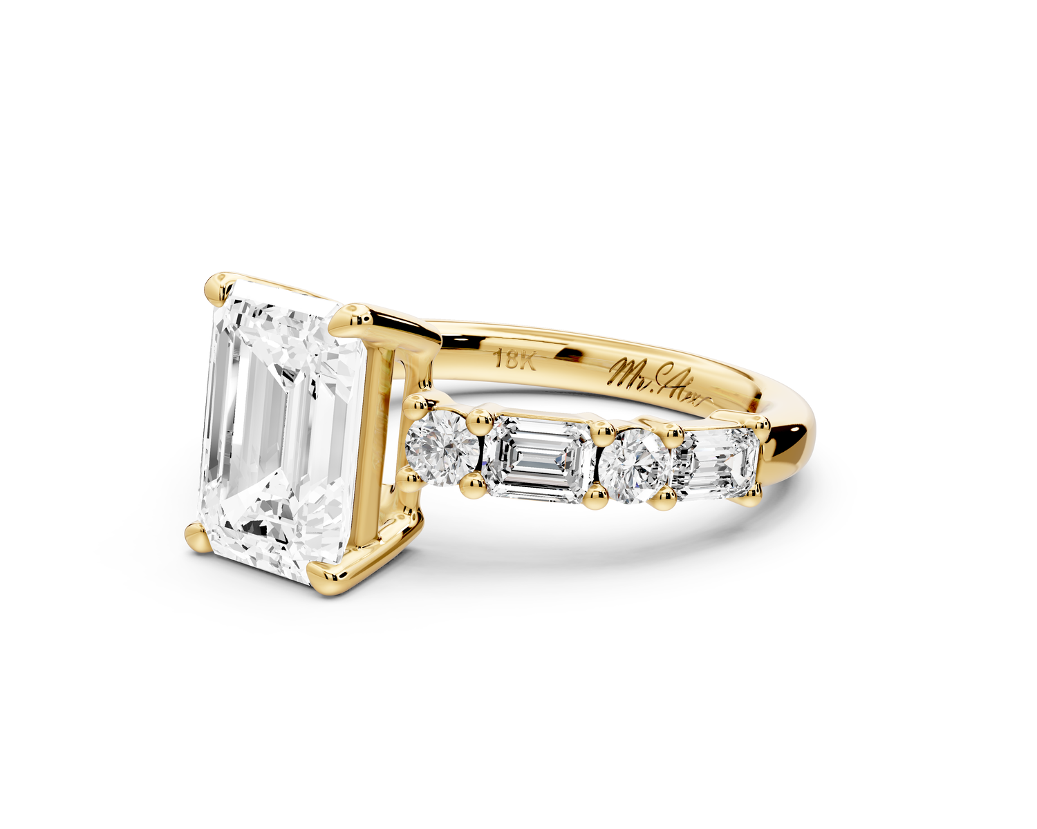 Juliette - 2ct 14k yellow gold emerald with Alternating Round and Emerald 8-Stone Band Engagement Ring
