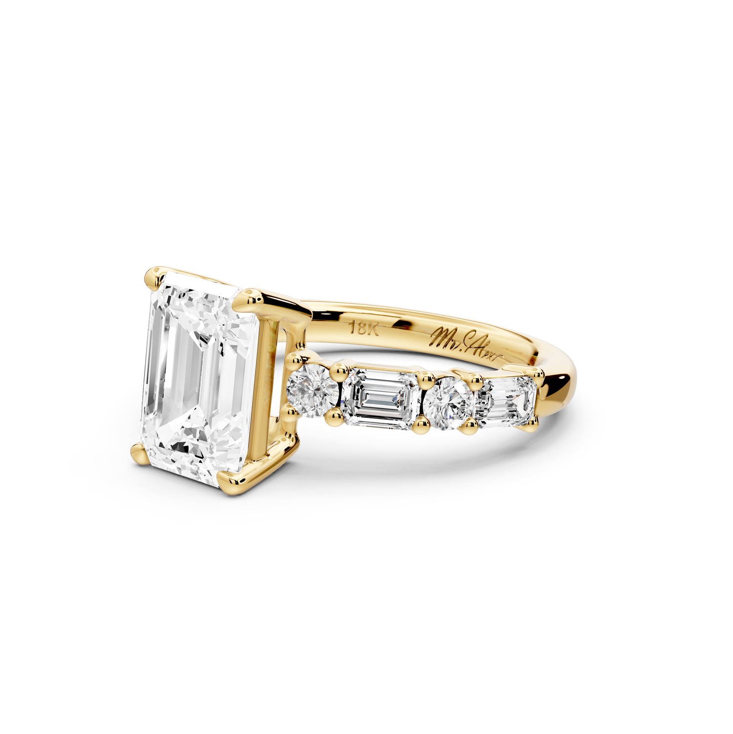 Juliette - 2ct 14k yellow gold emerald with Alternating Round and Emerald 8-Stone Band Engagement Ring