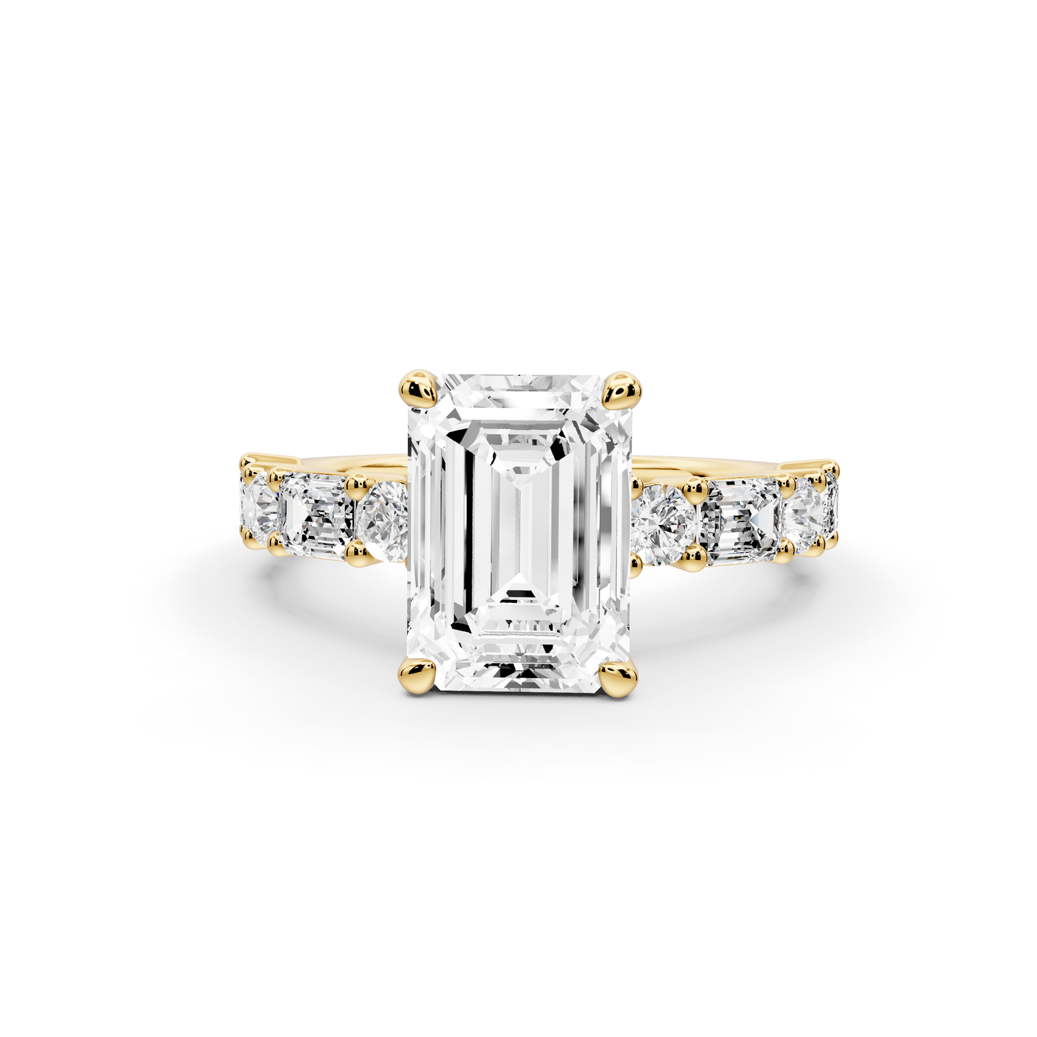 Juliette - 2ct 14k yellow gold emerald with Alternating Round and Emerald 8-Stone Band Engagement Ring